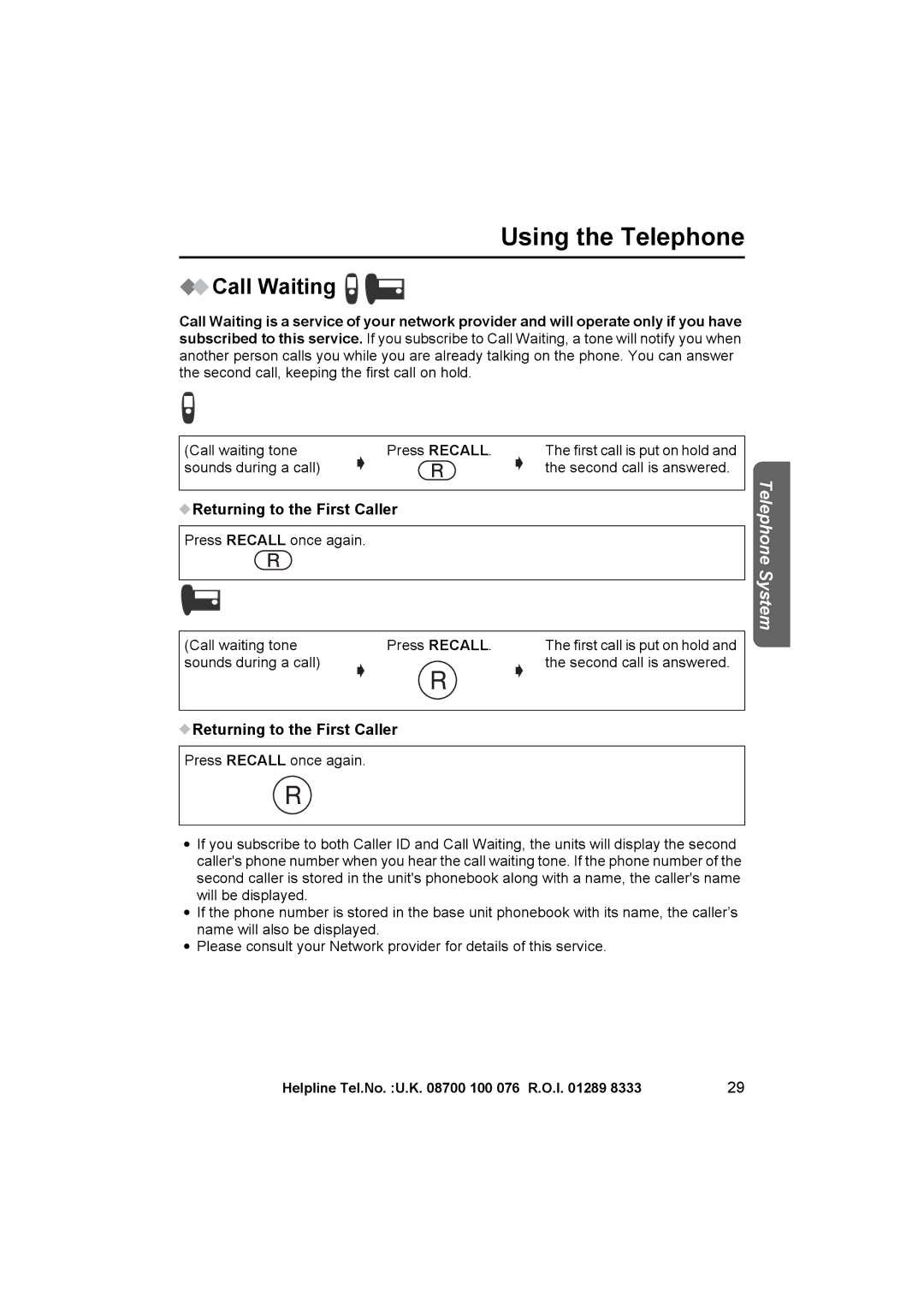 Panasonic KX-TCD545E operating instructions Call Waiting, Returning to the First Caller 