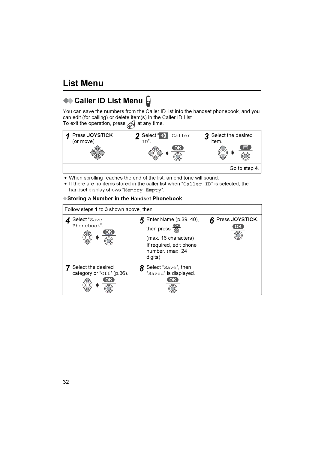 Panasonic KX-TCD545E operating instructions Caller ID List Menu, Storing a Number in the Handset Phonebook 