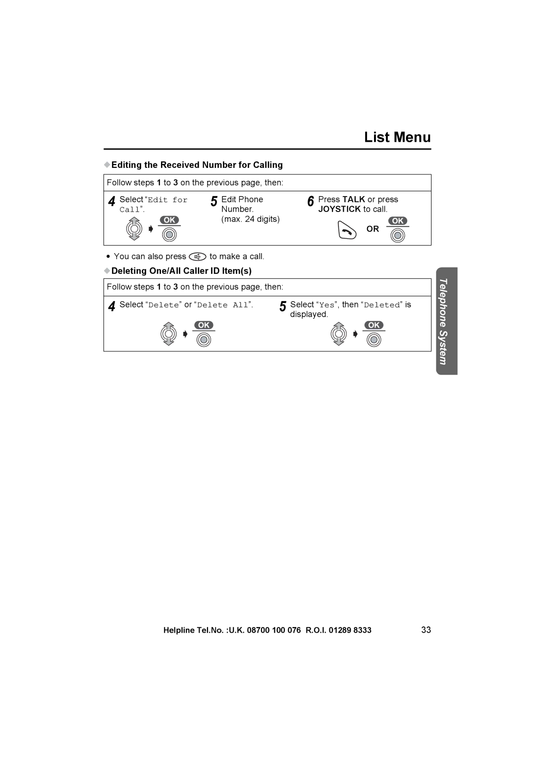 Panasonic KX-TCD545E Editing the Received Number for Calling, Joystick to call, Deleting One/All Caller ID Items 