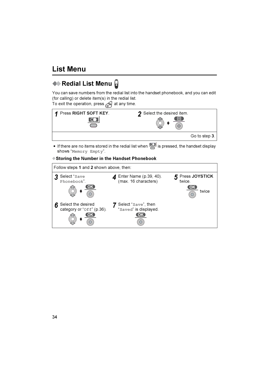 Panasonic KX-TCD545E operating instructions Redial List Menu, Storing the Number in the Handset Phonebook 