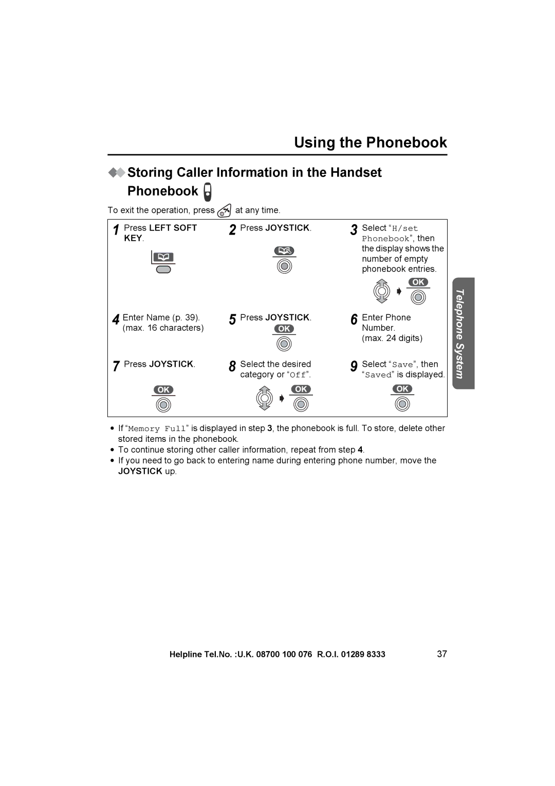 Panasonic KX-TCD545E Storing Caller Information in the Handset Phonebook, Press Left Soft Press Joystick 