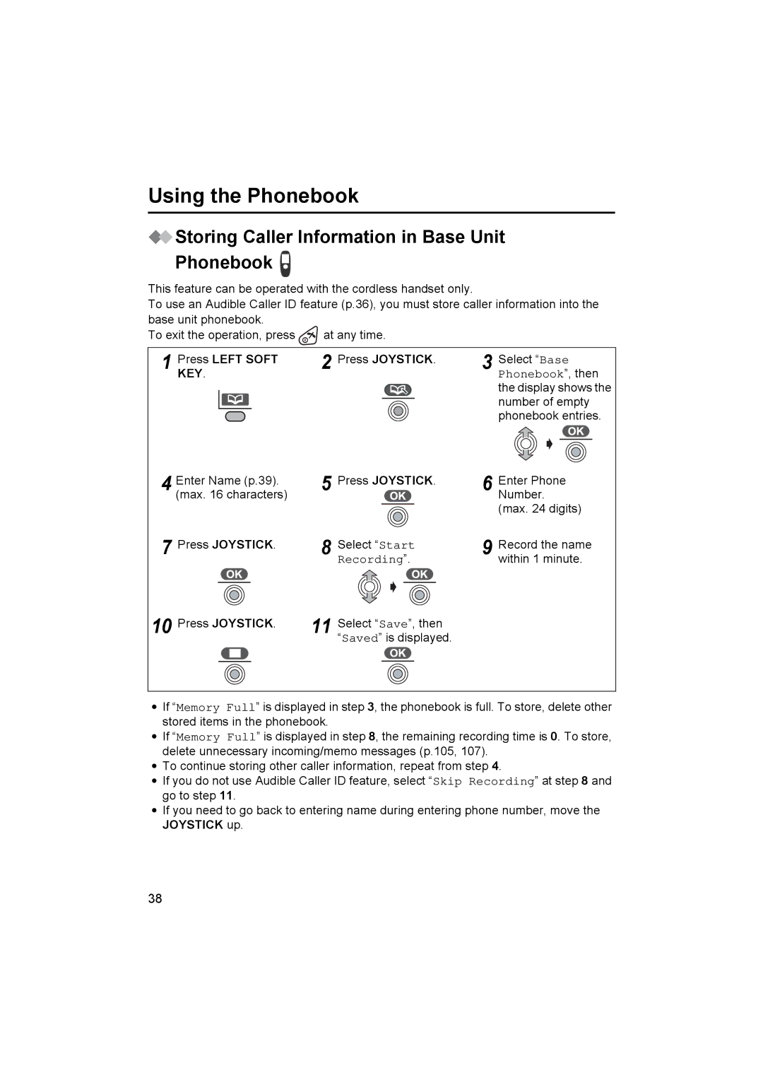 Panasonic KX-TCD545E operating instructions Storing Caller Information in Base Unit Phonebook, Recording 