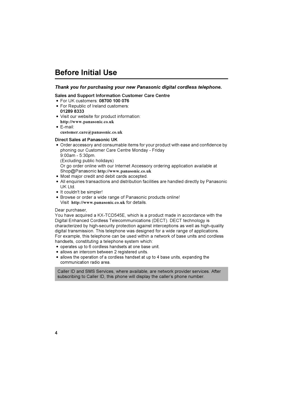 Panasonic KX-TCD545E Sales and Support Information Customer Care Centre, 01289, Direct Sales at Panasonic UK 