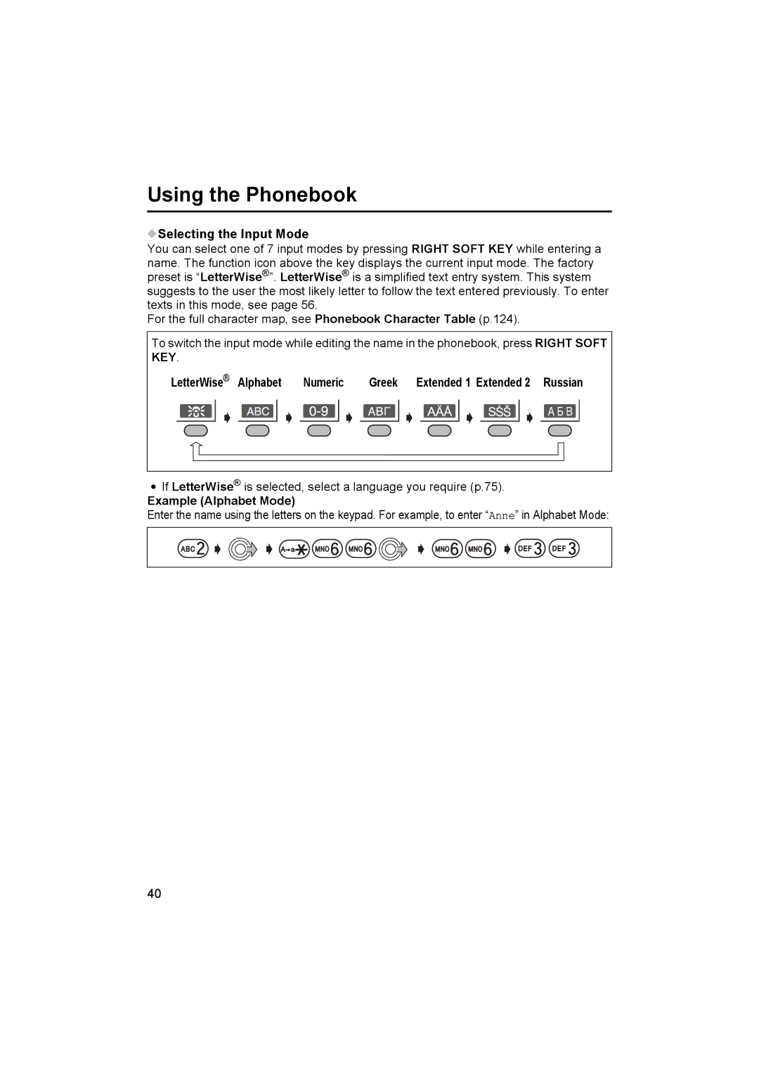 Panasonic KX-TCD545E operating instructions Selecting the Input Mode, Numeric, Example Alphabet Mode 