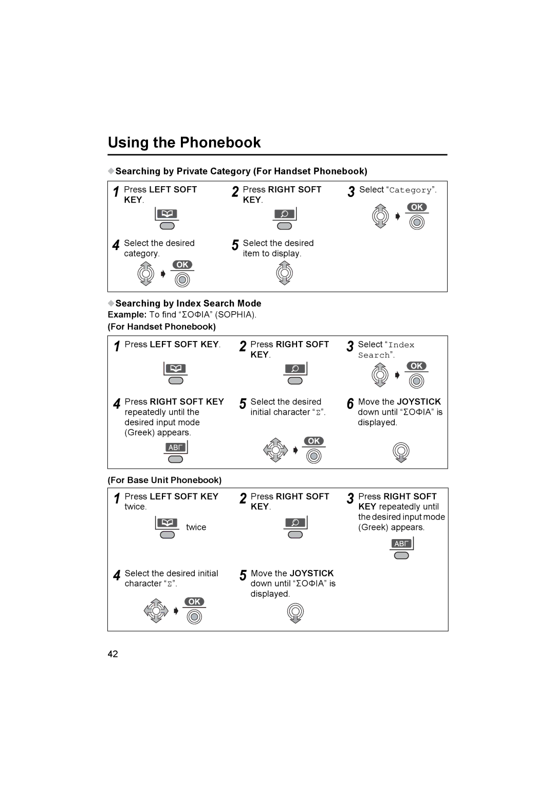 Panasonic KX-TCD545E Searching by Index Search Mode, For Handset Phonebook Press Left Soft KEY Press Right Soft 