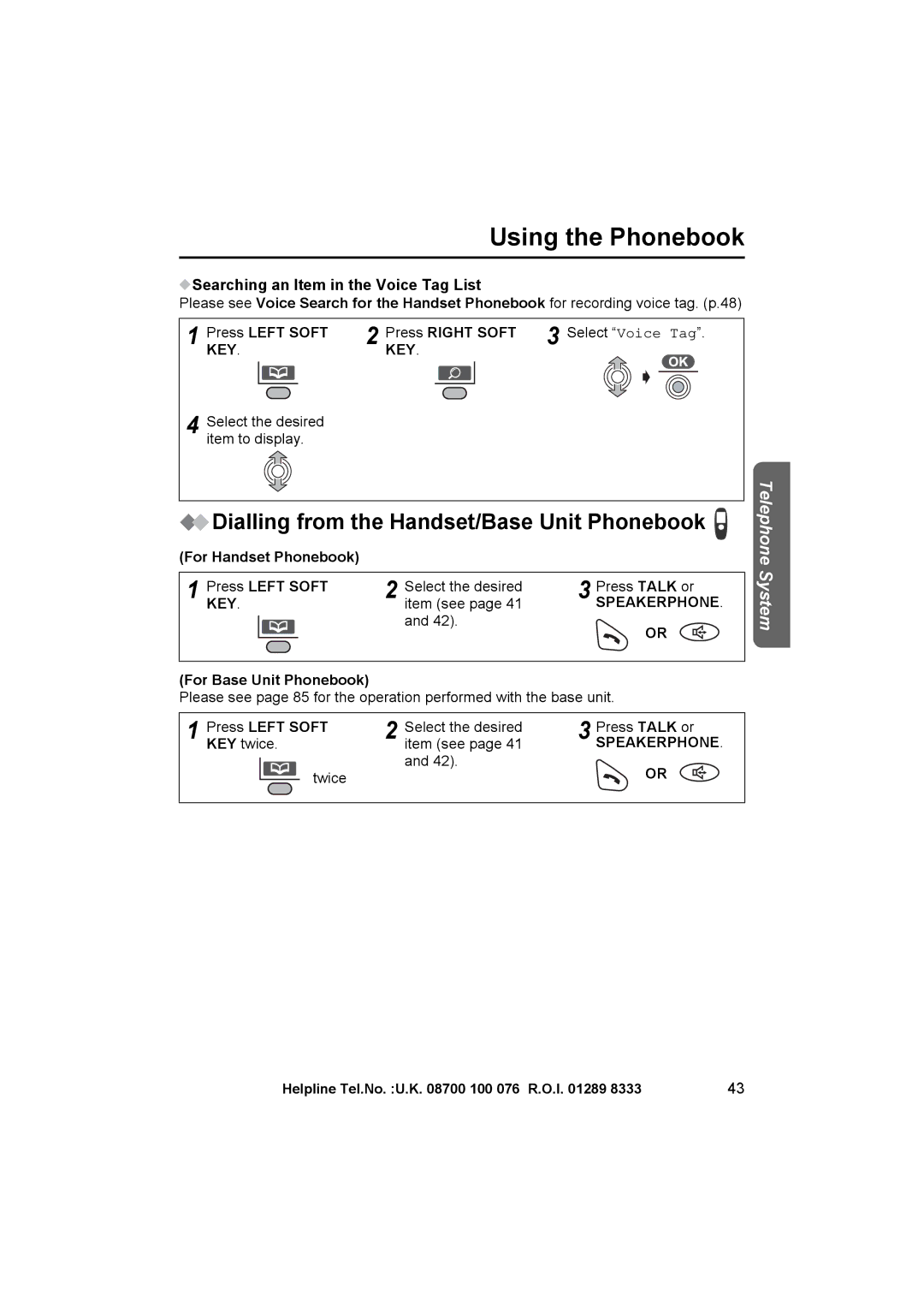 Panasonic KX-TCD545E Dialling from the Handset/Base Unit Phonebook, Searching an Item in the Voice Tag List 