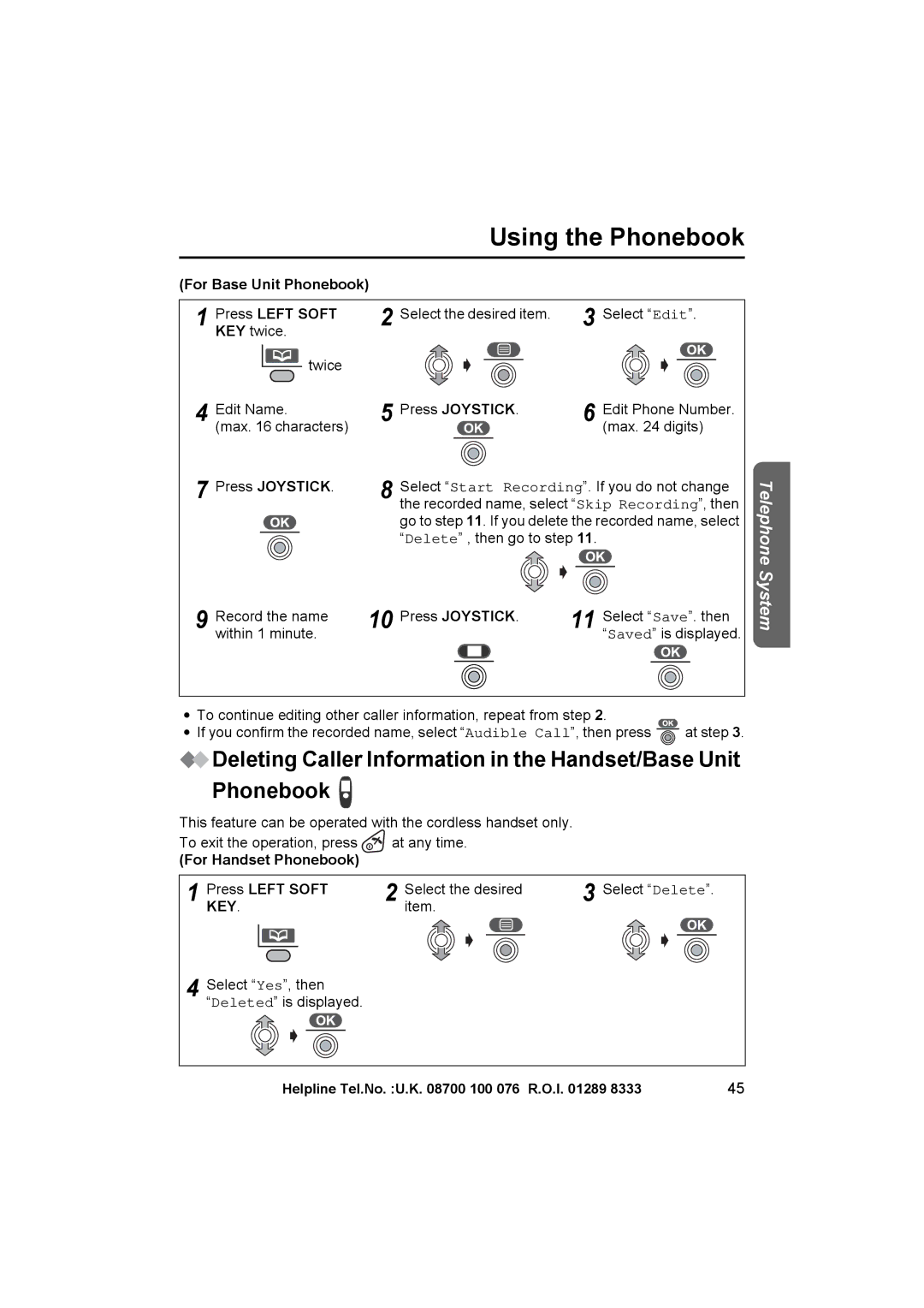 Panasonic KX-TCD545E operating instructions For Base Unit Phonebook Press Left Soft 