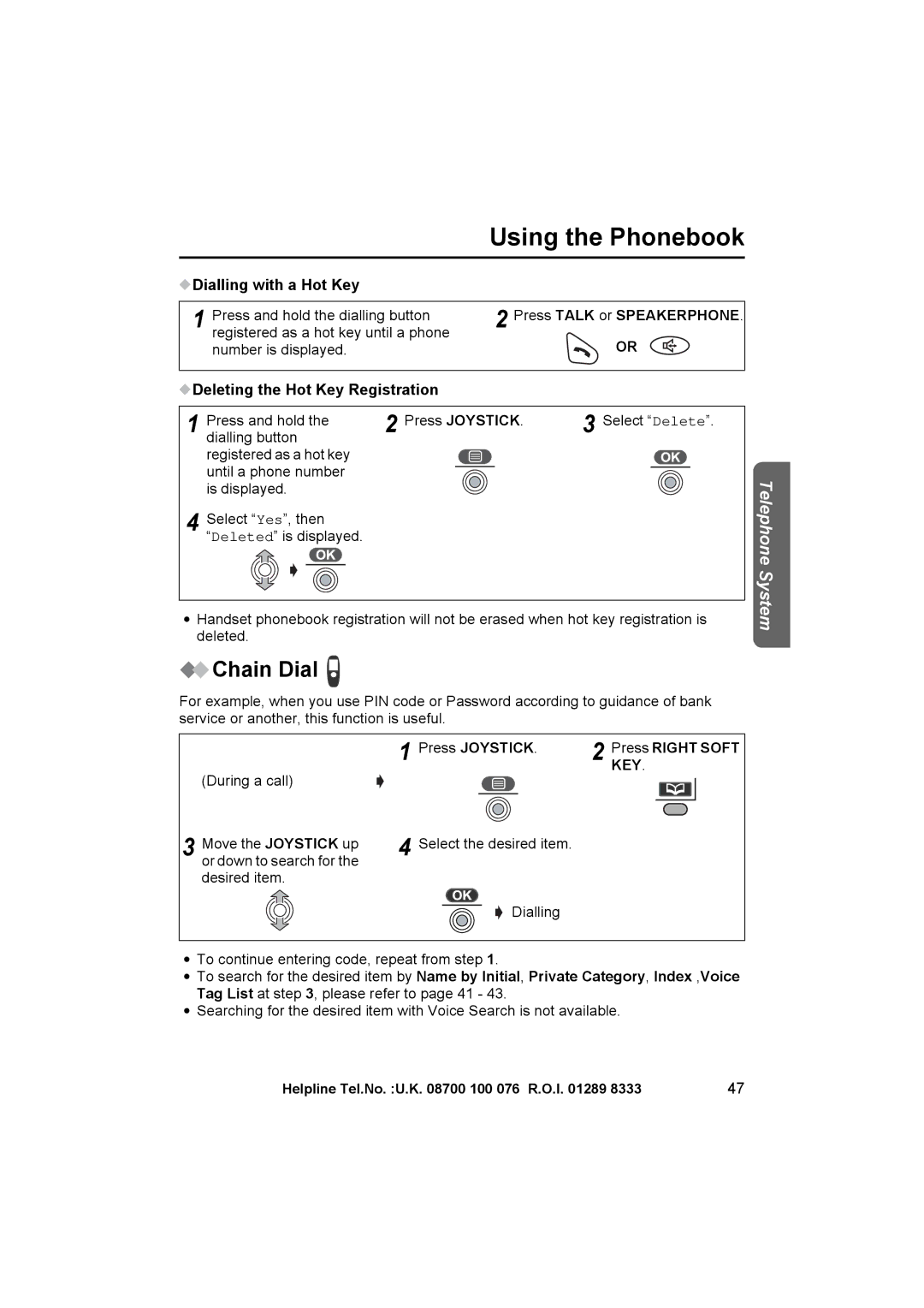 Panasonic KX-TCD545E operating instructions Chain Dial, Dialling with a Hot Key, Deleting the Hot Key Registration 