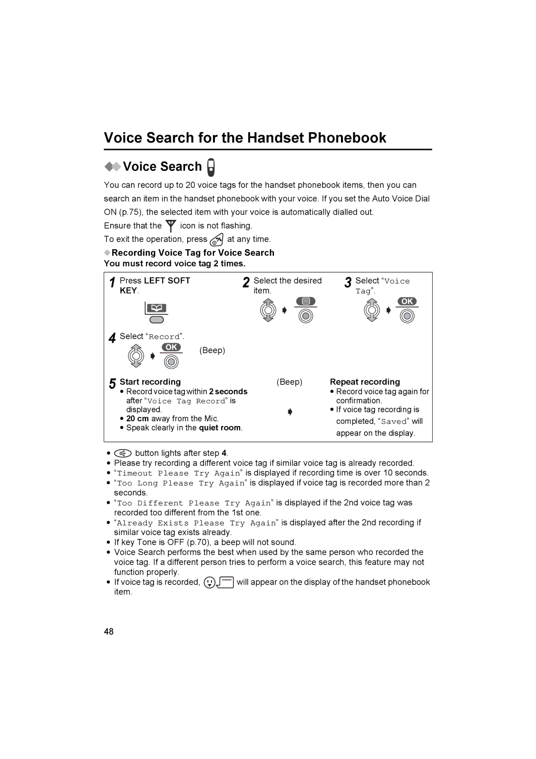 Panasonic KX-TCD545E operating instructions Voice Search for the Handset Phonebook, Tag, Start recording, Repeat recording 