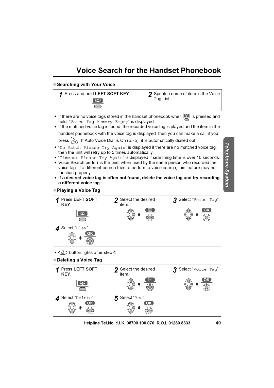 Panasonic KX-TCD545E operating instructions Searching with Your Voice, Deleting a Voice Tag Press Left Soft 