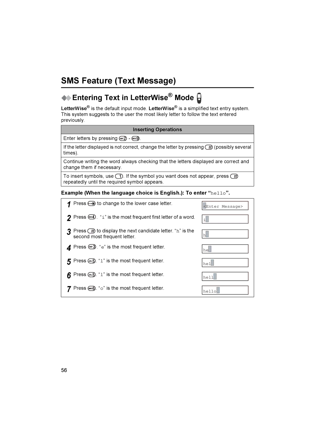 Panasonic KX-TCD545E operating instructions Entering Text in LetterWise Mode, Inserting Operations 