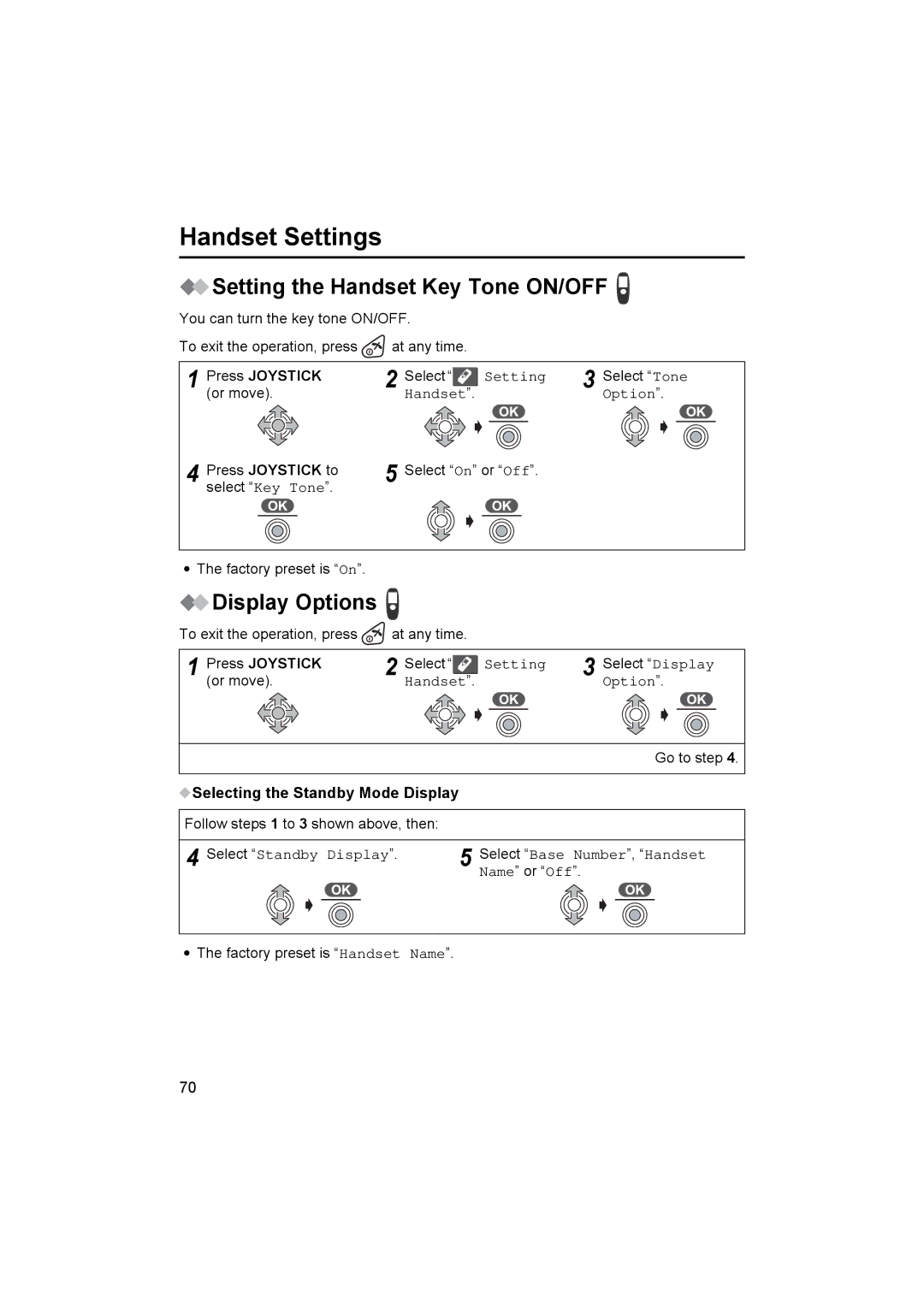 Panasonic KX-TCD545E operating instructions Setting the Handset Key Tone ON/OFF, Display Options, Press Joystick to 