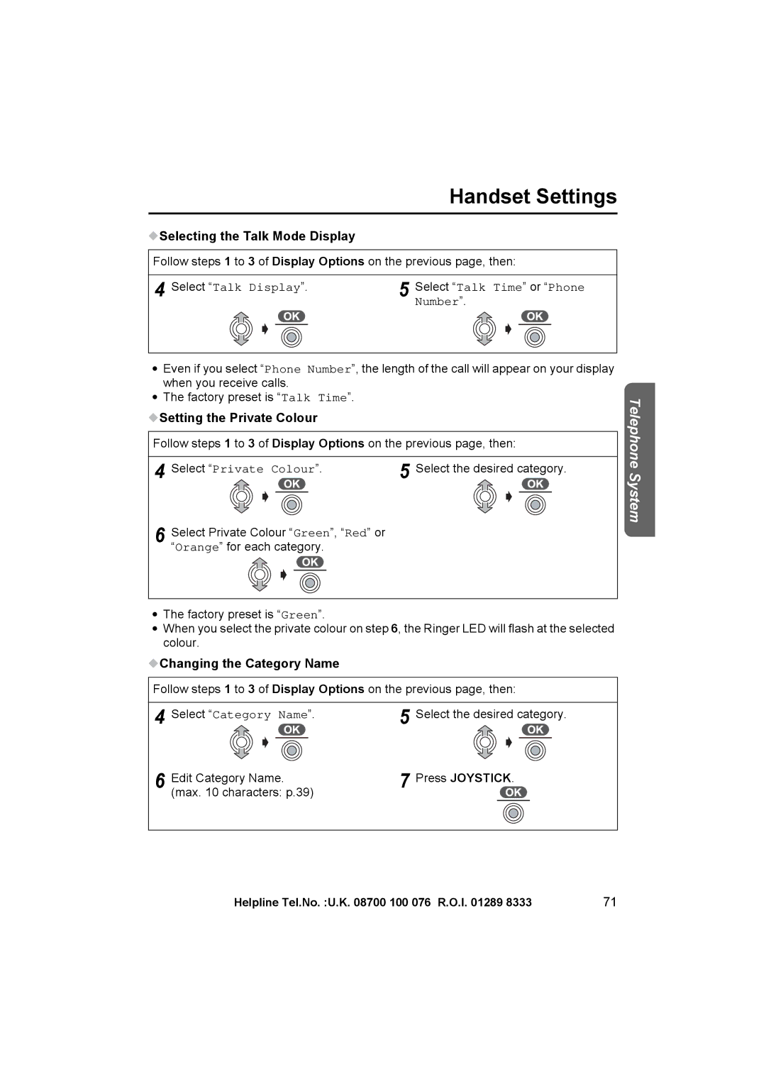 Panasonic KX-TCD545E Selecting the Talk Mode Display, Setting the Private Colour, Changing the Category Name 