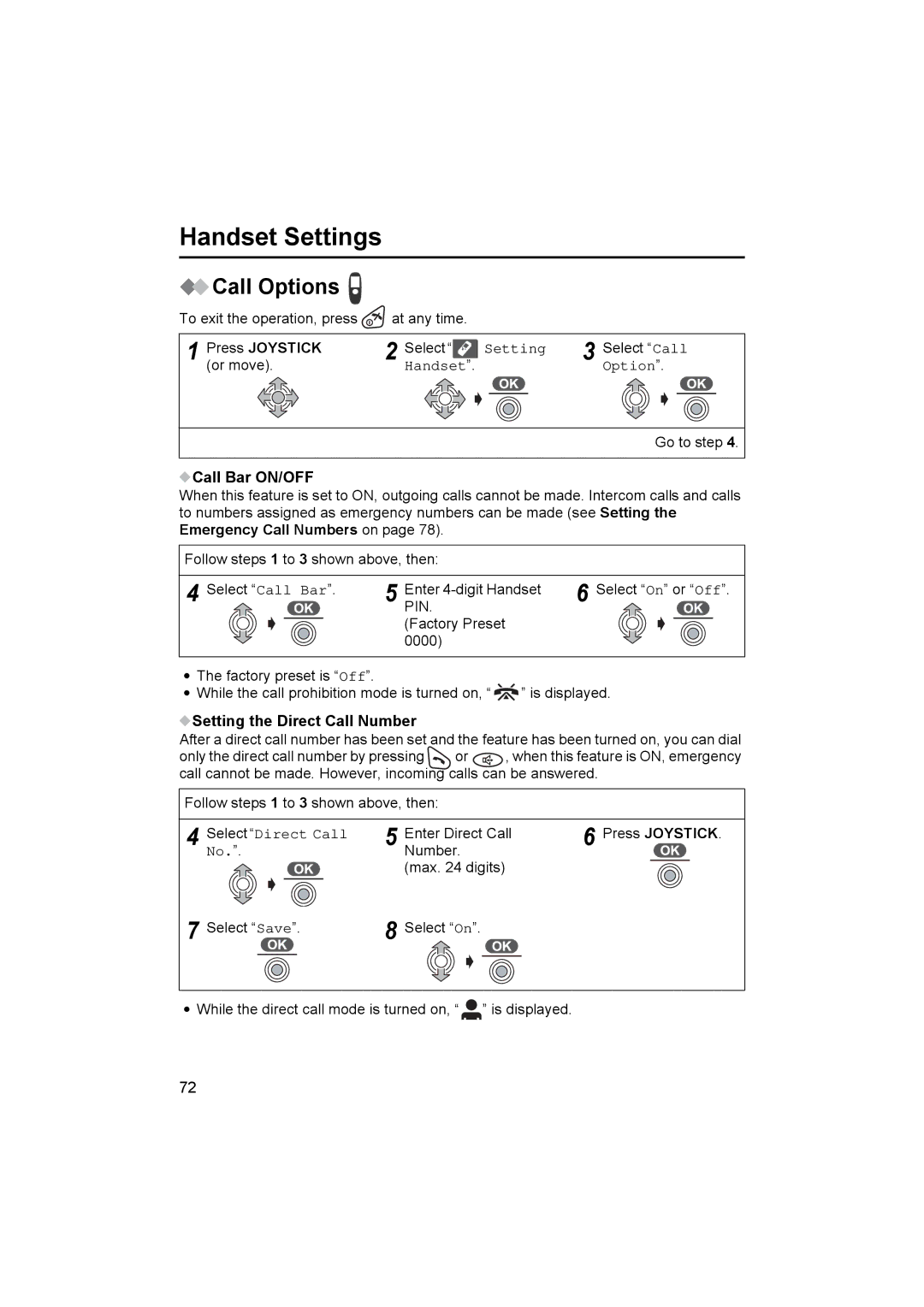 Panasonic KX-TCD545E Call Options, Call Bar ON/OFF, Setting the Direct Call Number, Select Direct Call 