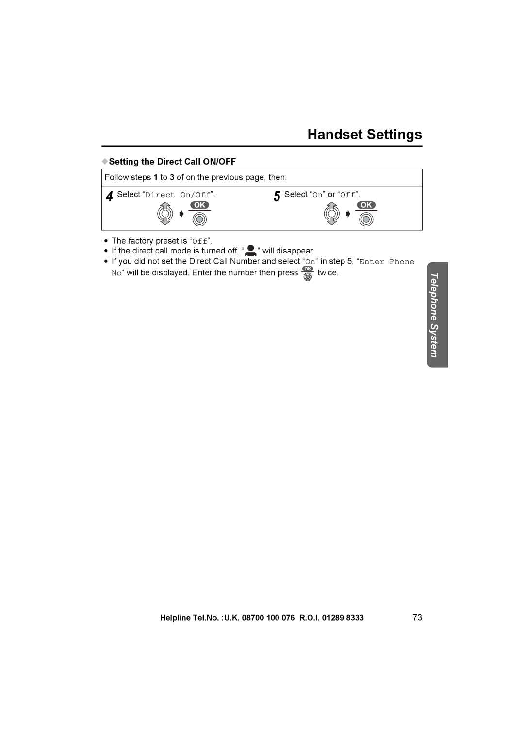 Panasonic KX-TCD545E operating instructions Setting the Direct Call ON/OFF, Select Direct On/Off 