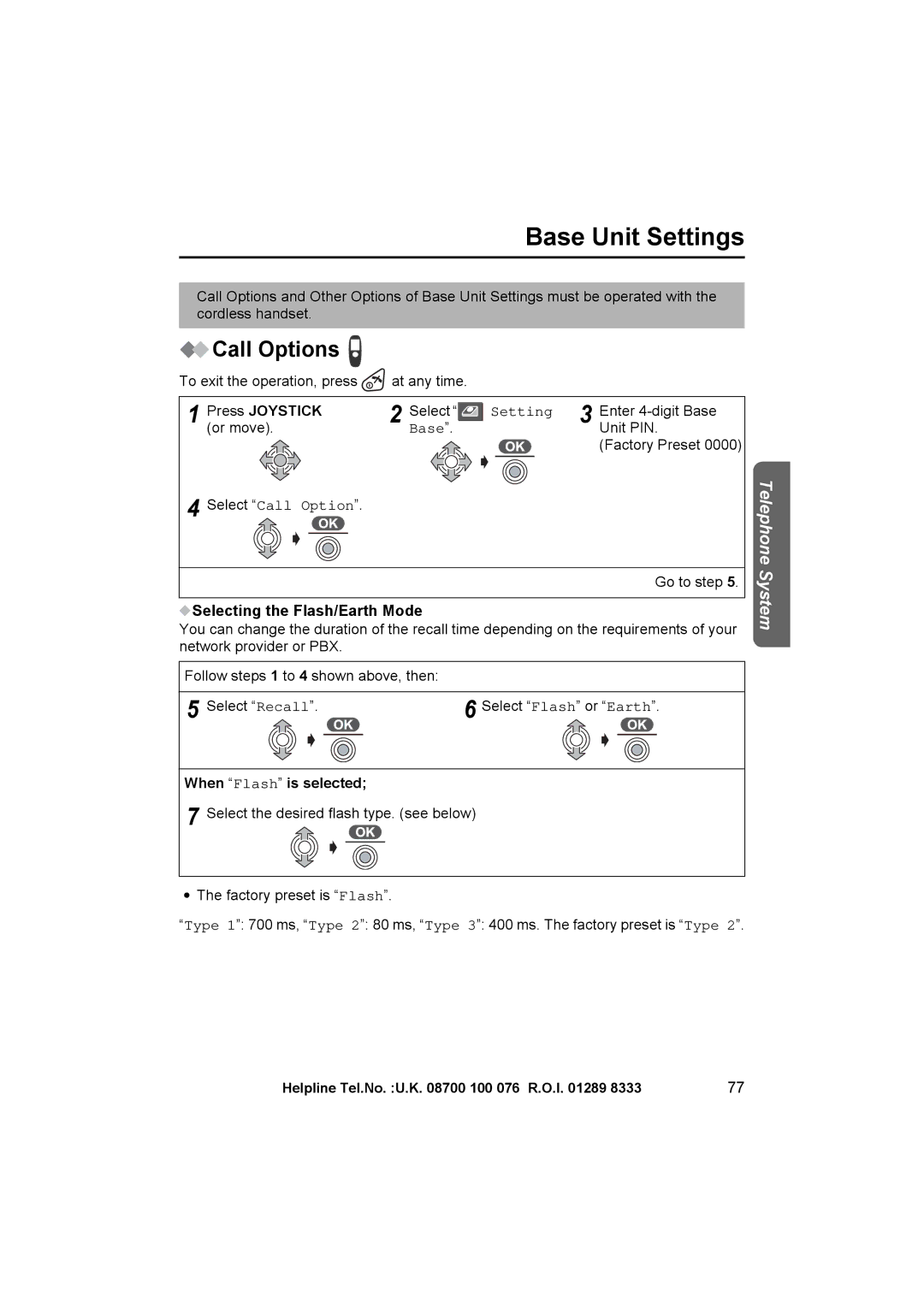 Panasonic KX-TCD545E Base Unit Settings, Select Call Option, Selecting the Flash/Earth Mode, When Flash is selected 