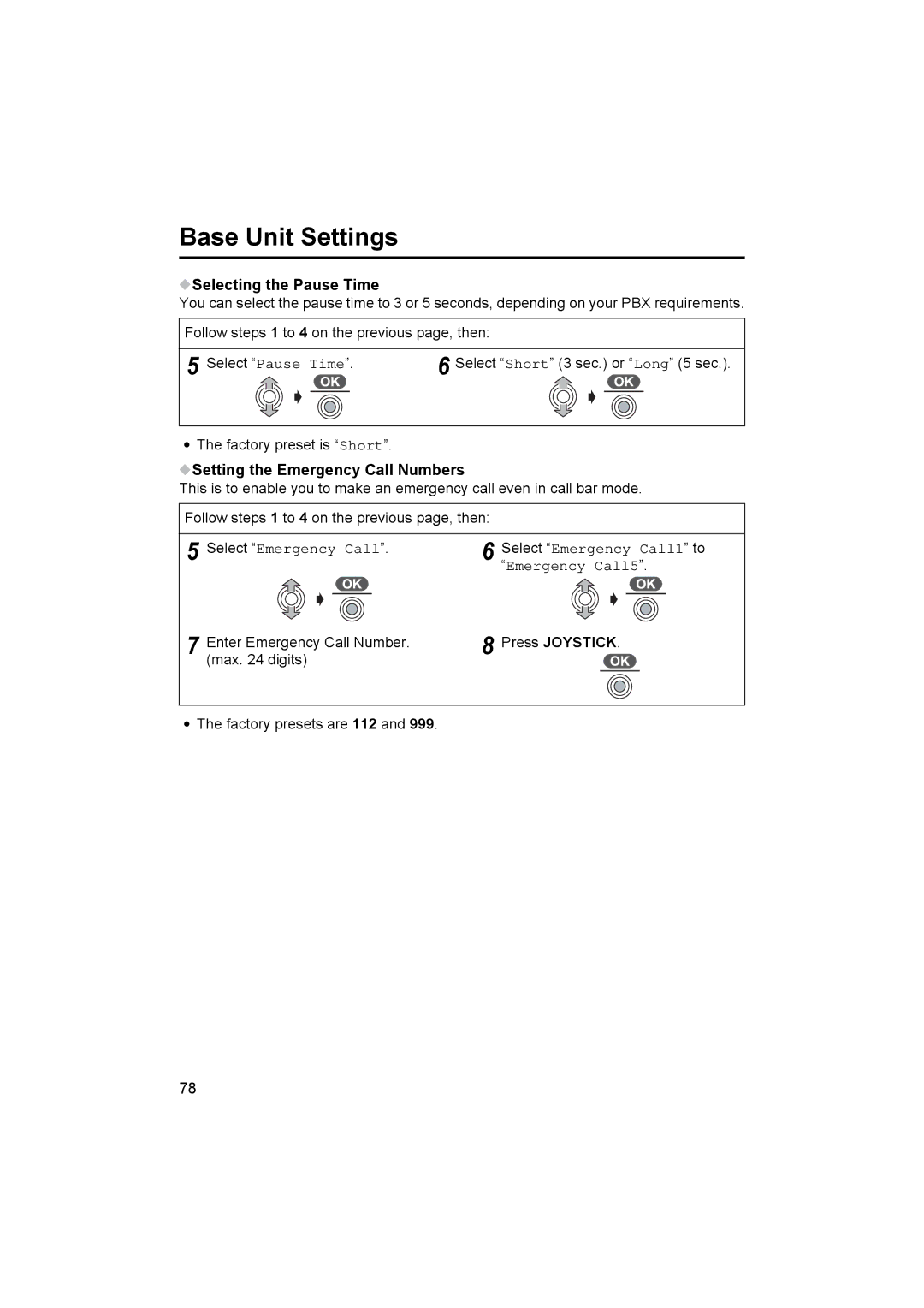 Panasonic KX-TCD545E Selecting the Pause Time, Setting the Emergency Call Numbers, Select Emergency Call 