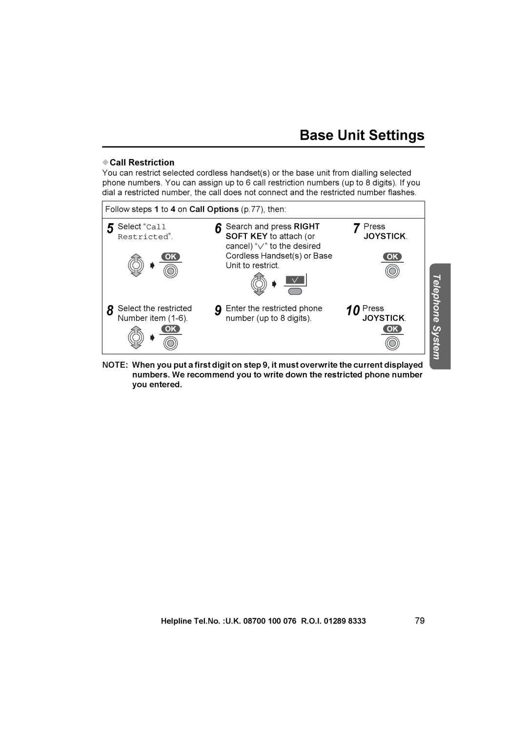 Panasonic KX-TCD545E operating instructions Call Restriction, Restricted, PressJOYSTICK 