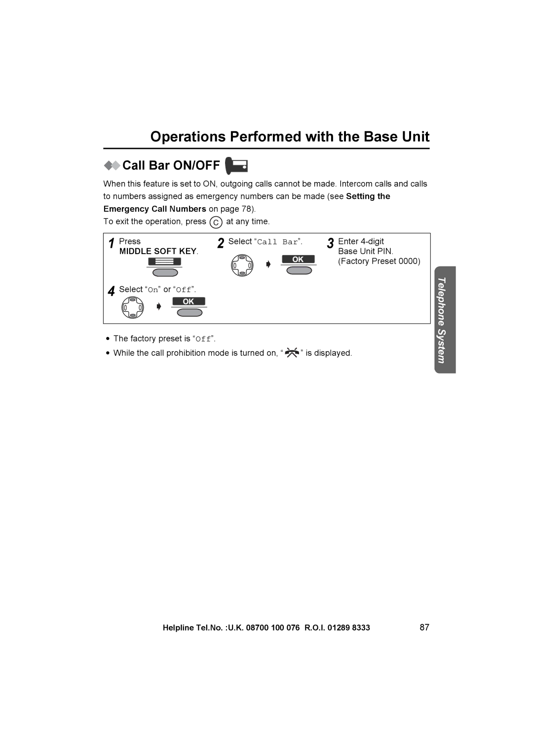 Panasonic KX-TCD545E operating instructions Call Bar ON/OFF 