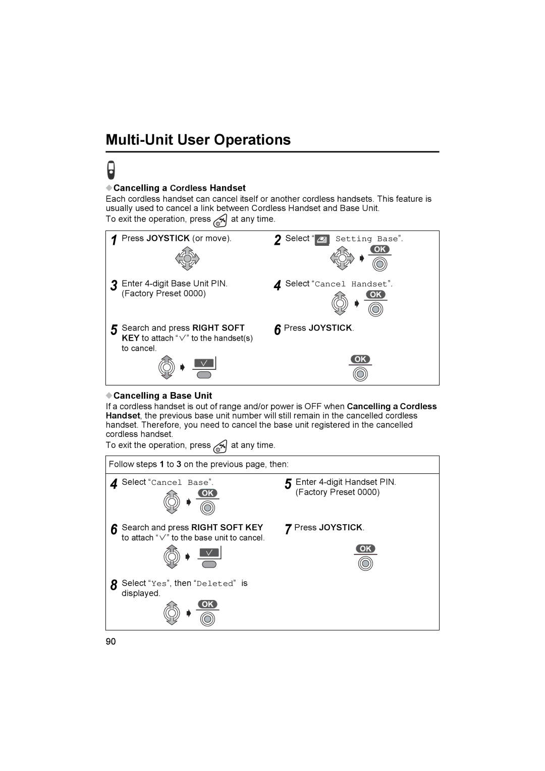 Panasonic KX-TCD545E Cancelling a Cordless Handset, Select Cancel Handset, Press Joystick Cancelling a Base Unit 