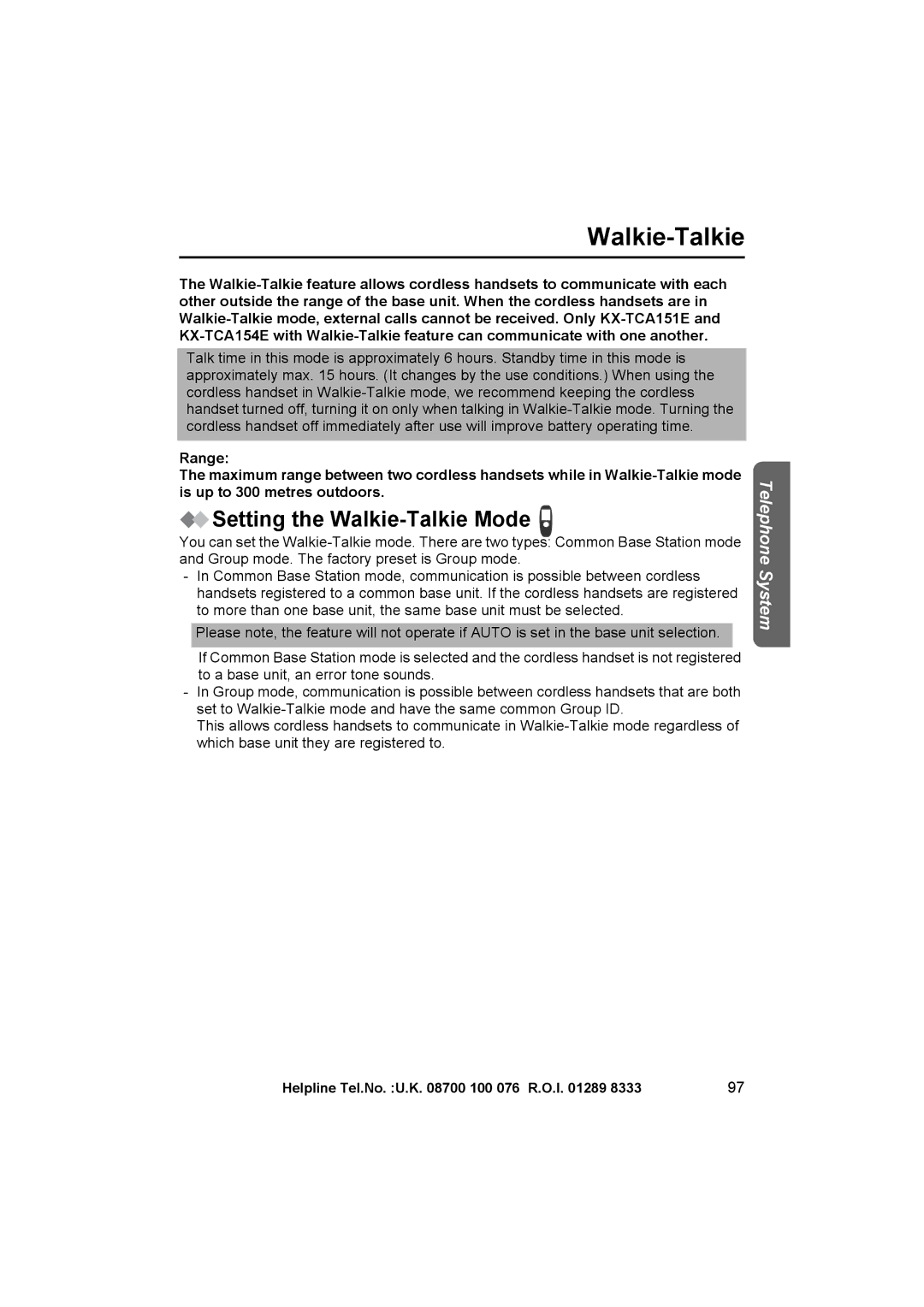 Panasonic KX-TCD545E operating instructions Setting the Walkie-Talkie Mode 