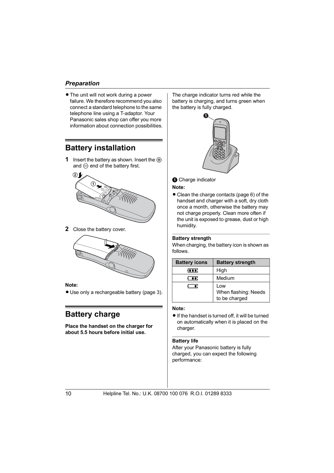 Panasonic KX-TCD560E Battery installation, Battery charge, Battery icons Battery strength, Battery life 