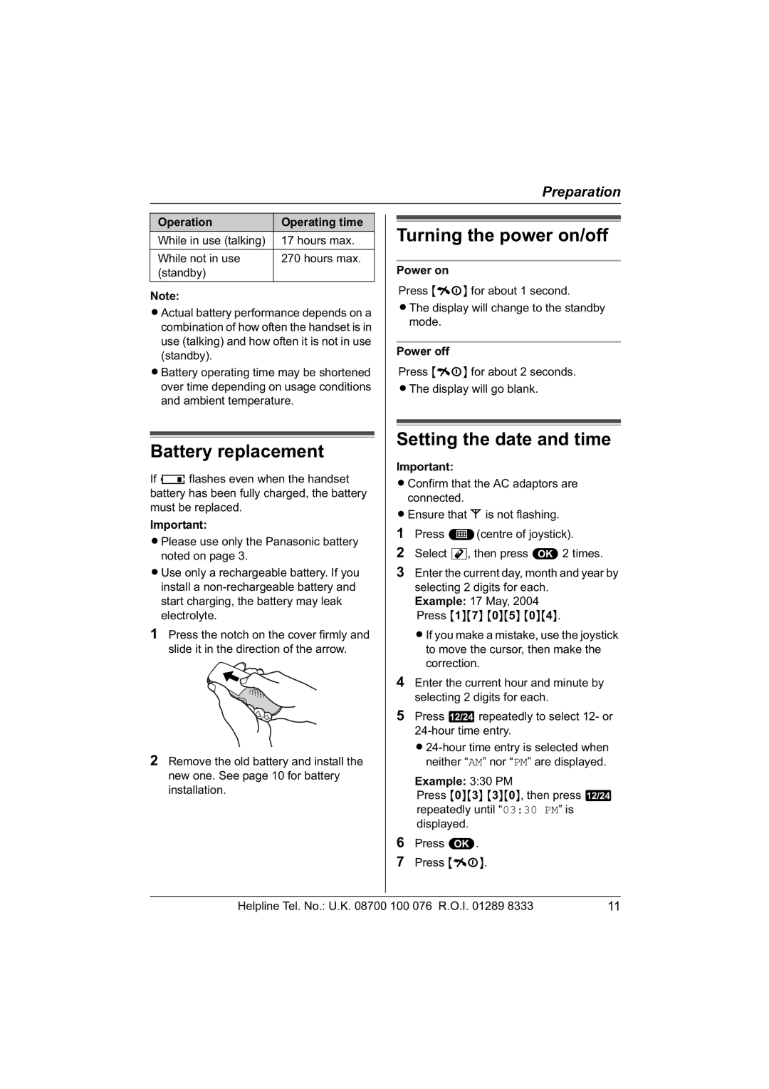 Panasonic KX-TCD560E operating instructions Battery replacement, Turning the power on/off, Setting the date and time 