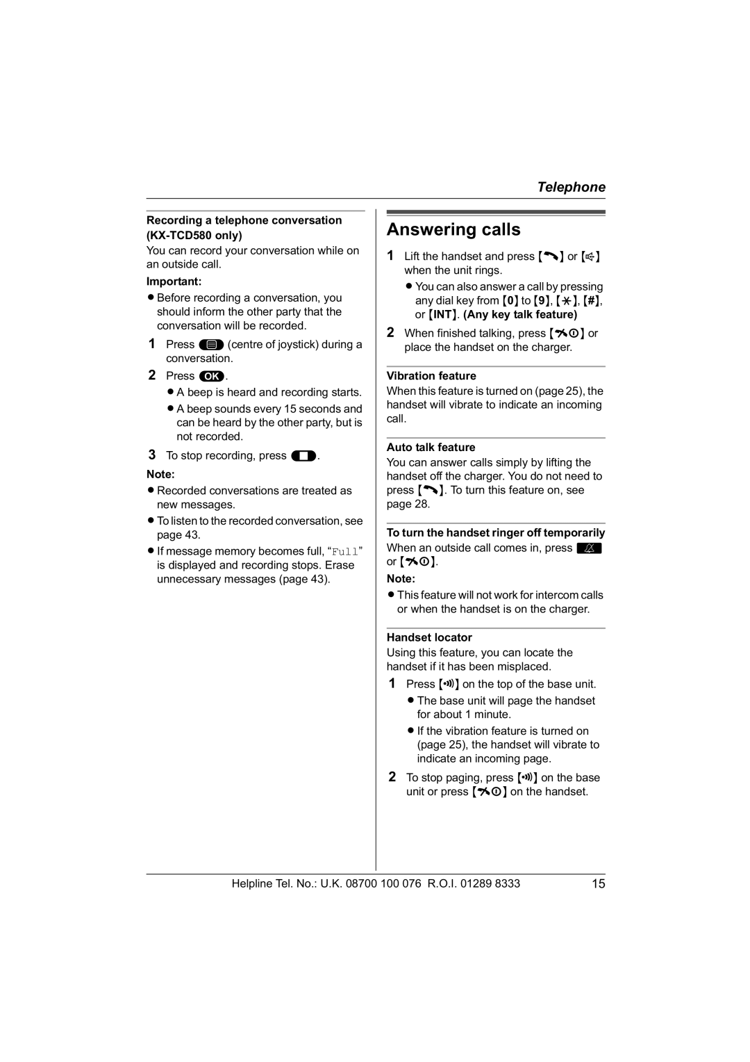 Panasonic KX-TCD560E operating instructions Answering calls 