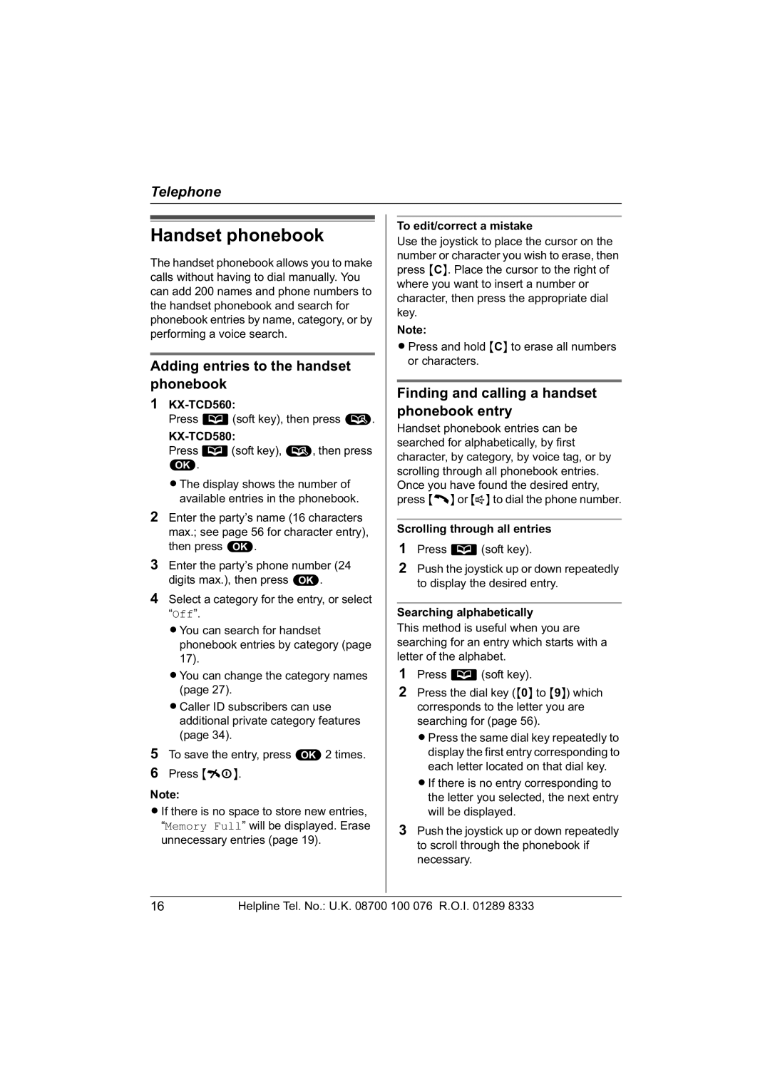 Panasonic KX-TCD560E operating instructions Handset phonebook, Adding entries to the handset phonebook 