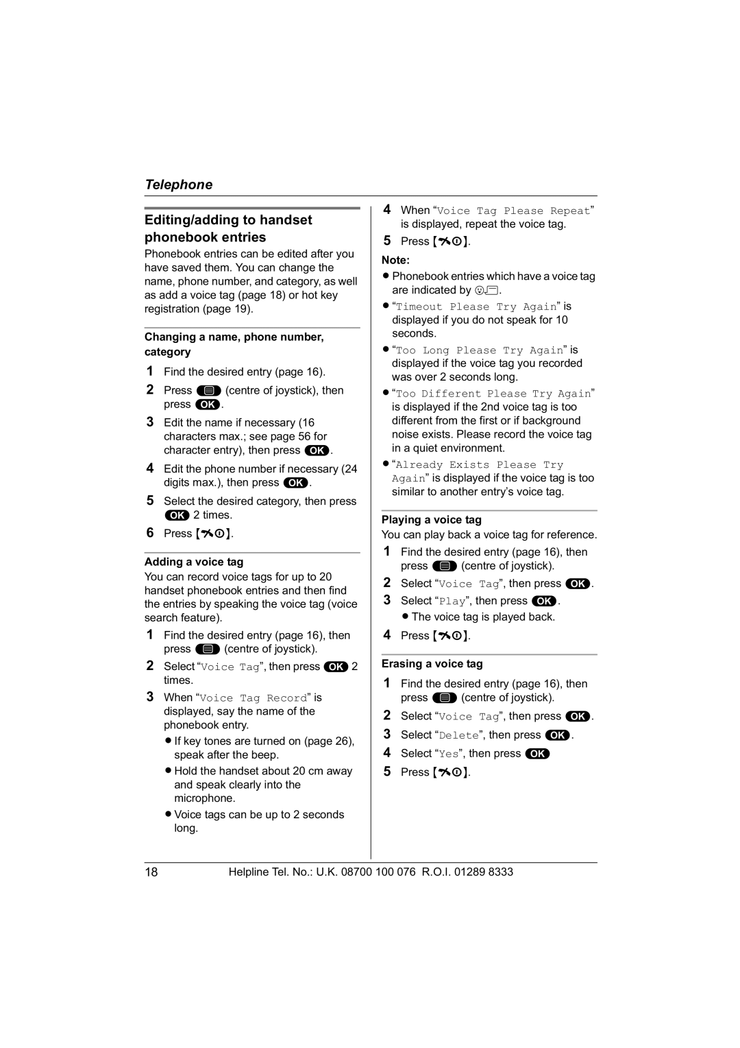 Panasonic KX-TCD560E Editing/adding to handset phonebook entries, Changing a name, phone number, category 