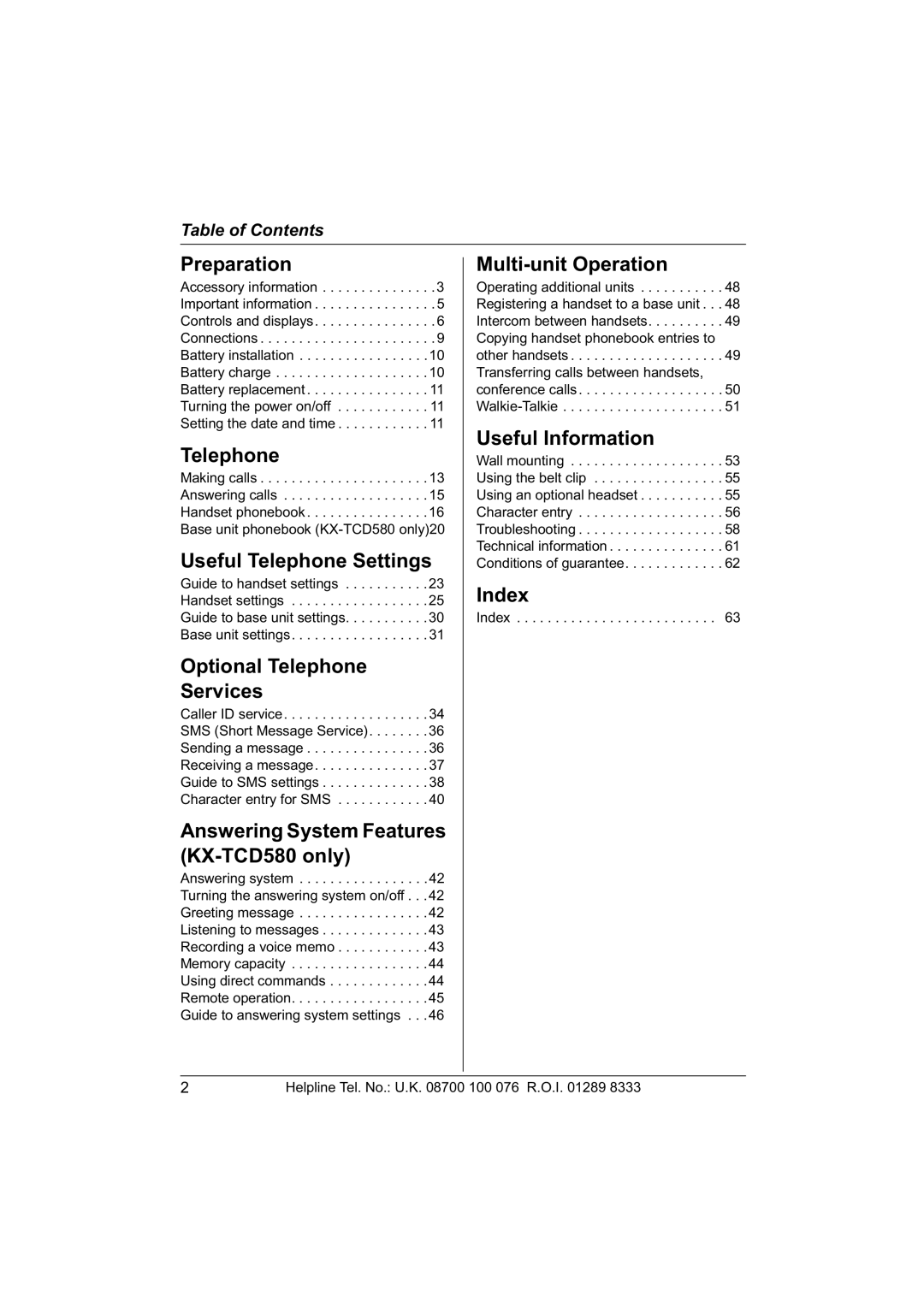 Panasonic KX-TCD560E operating instructions Index 