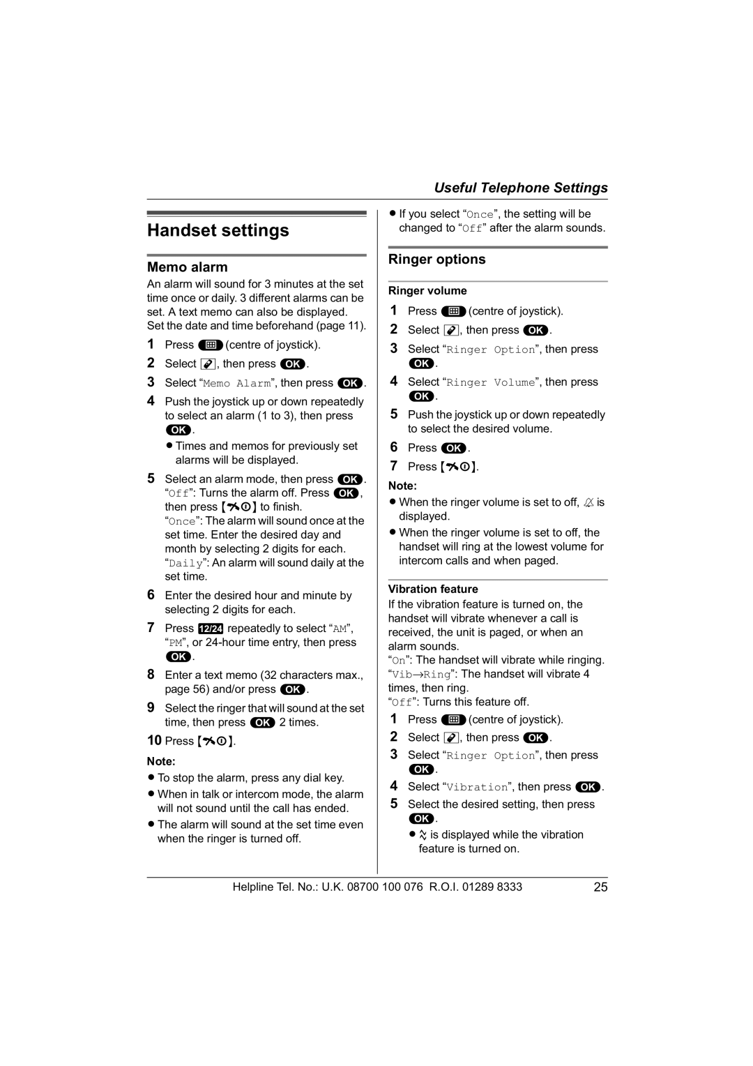 Panasonic KX-TCD560E operating instructions Handset settings, Memo alarm, Ringer options, Ringer volume 