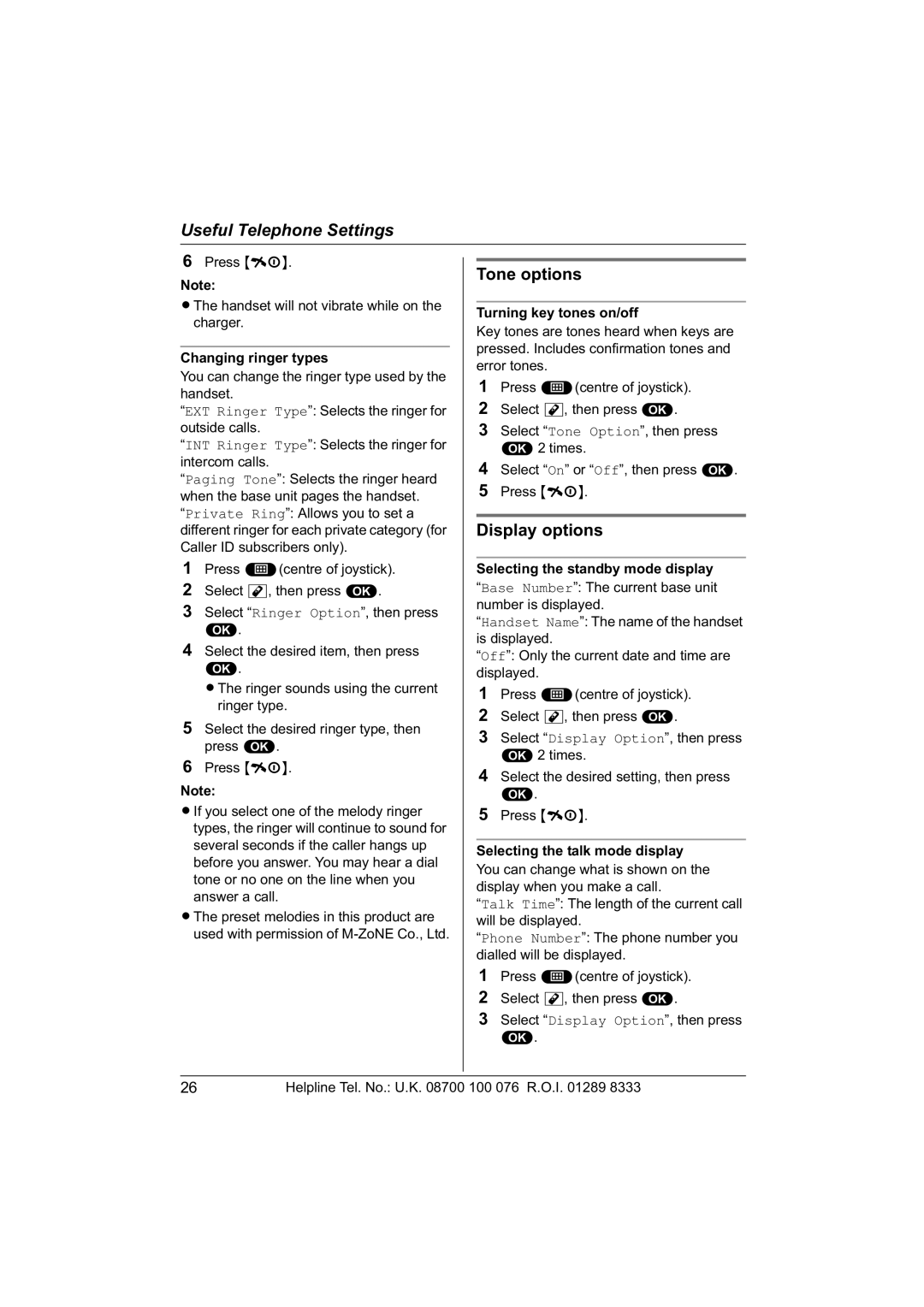 Panasonic KX-TCD560E operating instructions Tone options, Display options 