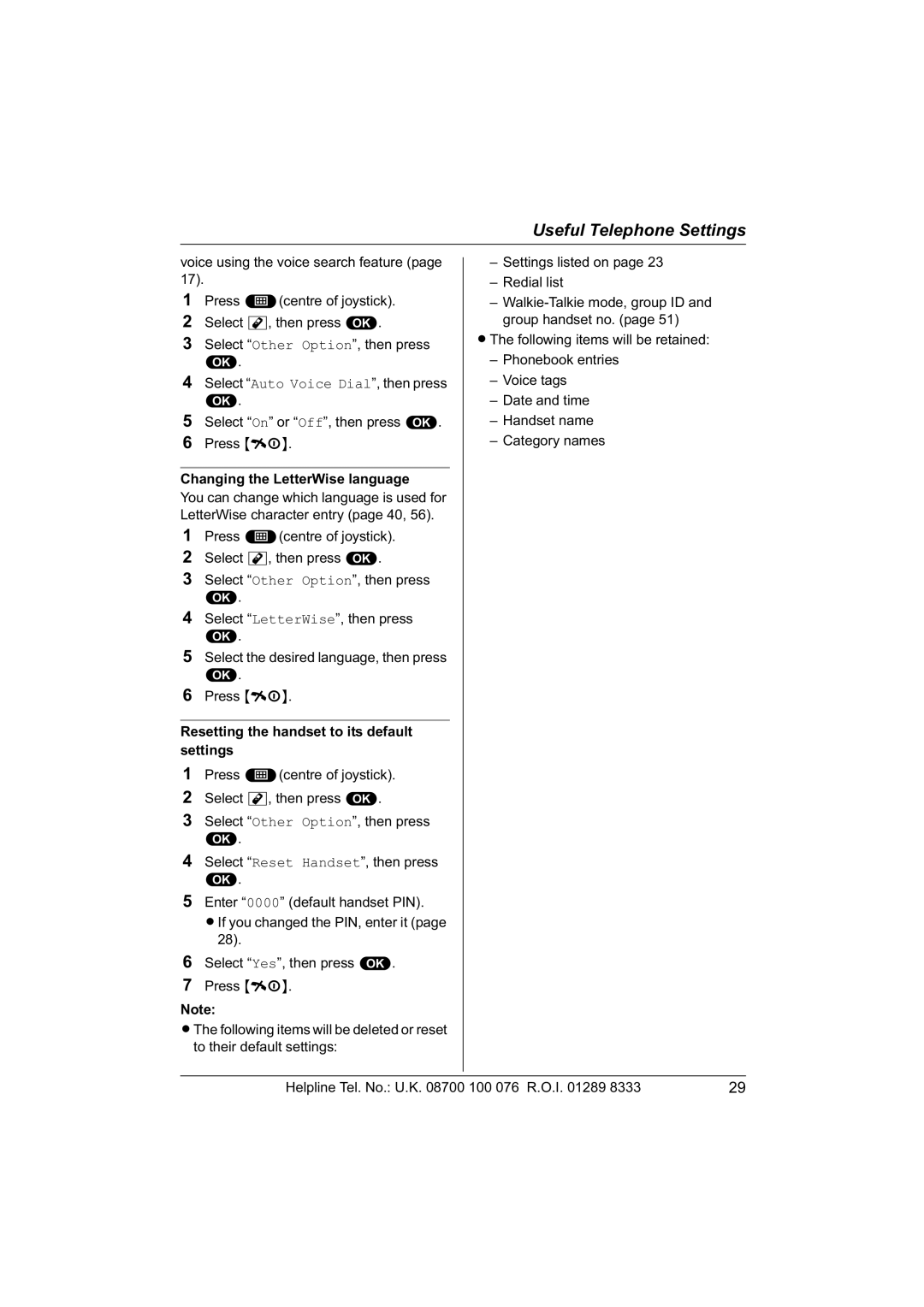 Panasonic KX-TCD560E operating instructions Changing the LetterWise language, Resetting the handset to its default settings 