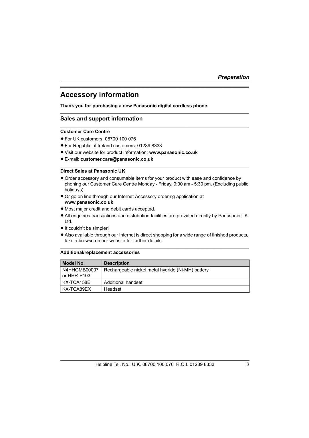 Panasonic KX-TCD560E operating instructions Accessory information, Sales and support information, Customer Care Centre 