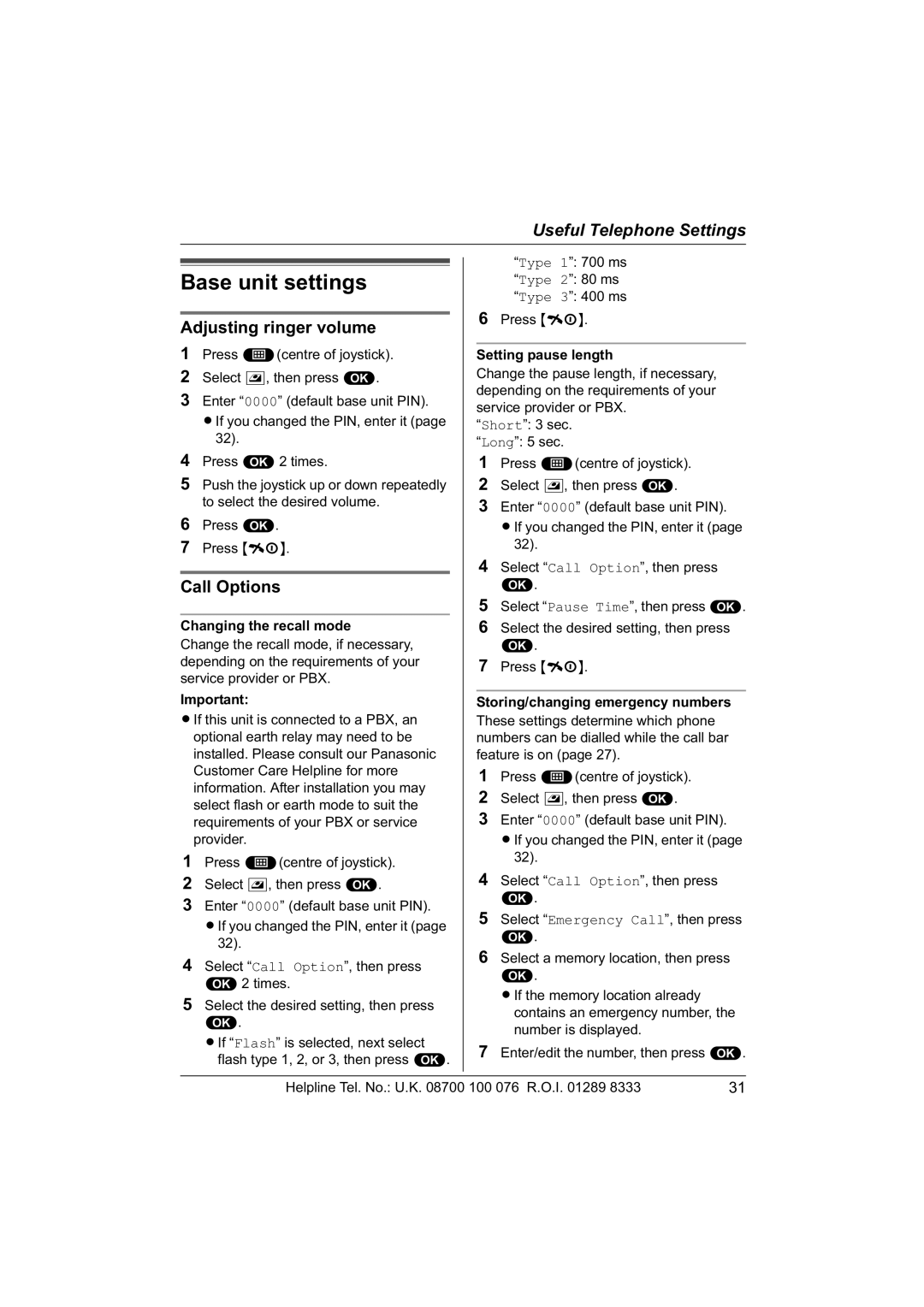 Panasonic KX-TCD560E Base unit settings, Adjusting ringer volume, Changing the recall mode, Setting pause length 