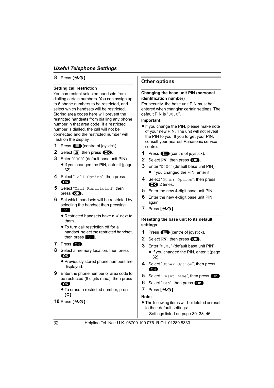 Panasonic KX-TCD560E Setting call restriction, Changing the base unit PIN personal identification number 