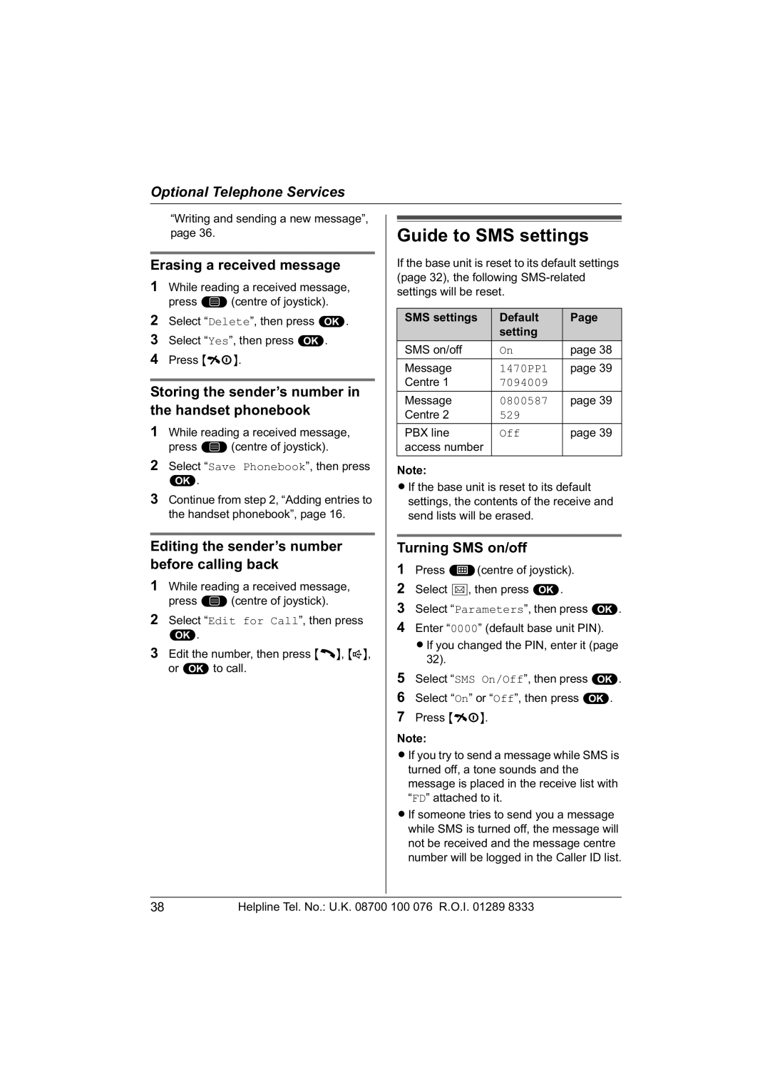 Panasonic KX-TCD560E Guide to SMS settings, Erasing a received message, Editing the sender’s number before calling back 