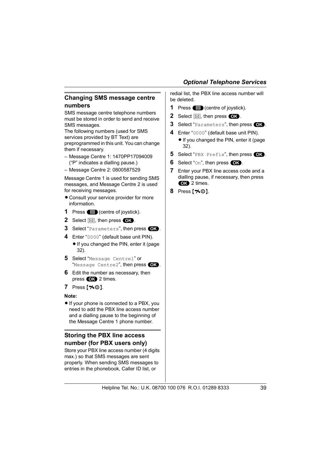 Panasonic KX-TCD560E Changing SMS message centre numbers, Storing the PBX line access number for PBX users only 