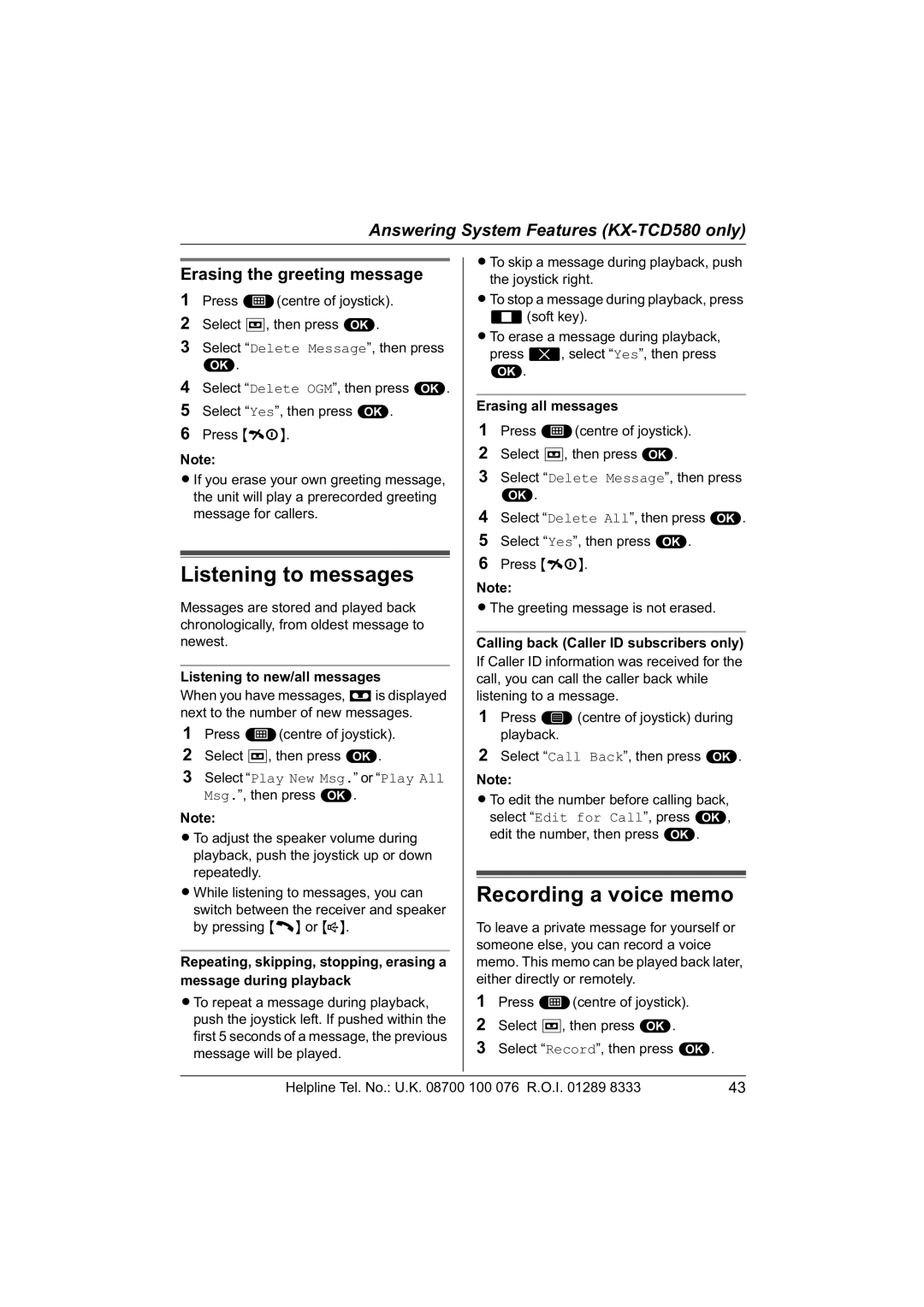 Panasonic KX-TCD560E operating instructions Listening to messages, Recording a voice memo, Erasing the greeting message 