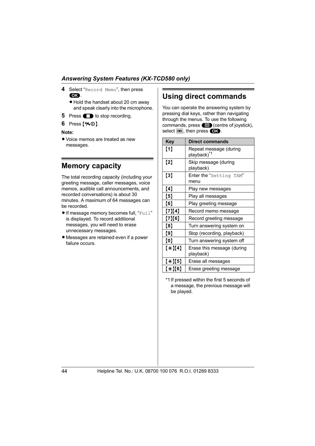 Panasonic KX-TCD560E operating instructions Memory capacity, Using direct commands, Key Direct commands 