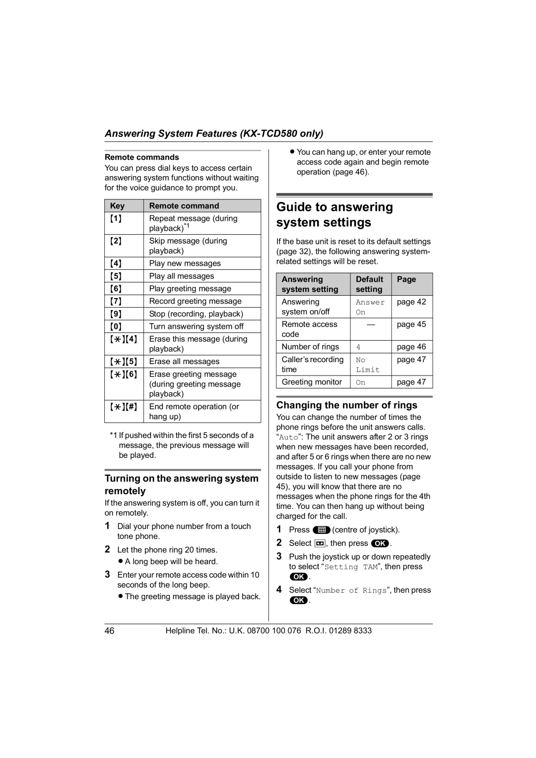 Panasonic KX-TCD560E Turning on the answering system remotely, Changing the number of rings, Remote commands 