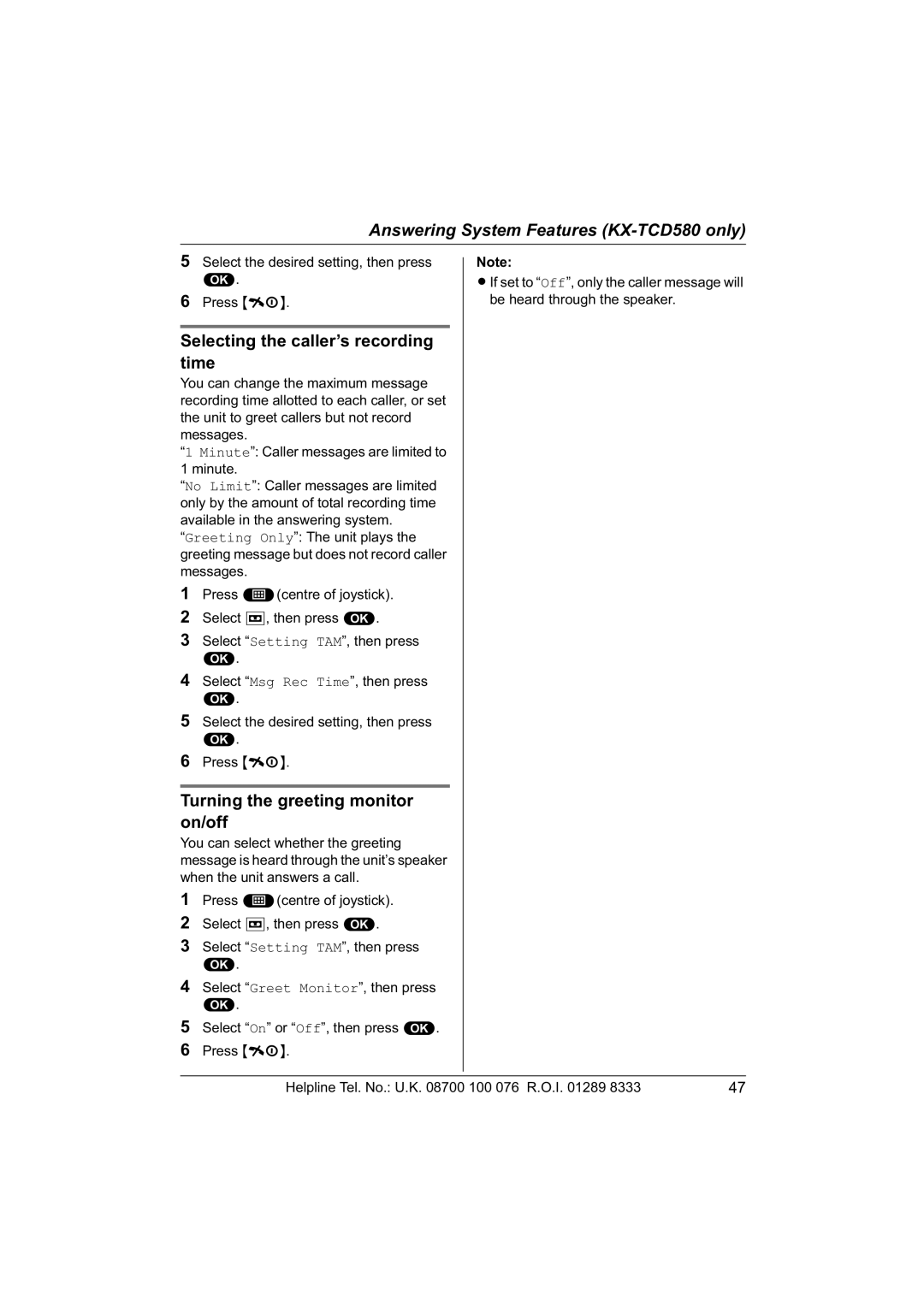 Panasonic KX-TCD560E operating instructions Selecting the caller’s recording time, Turning the greeting monitor on/off 