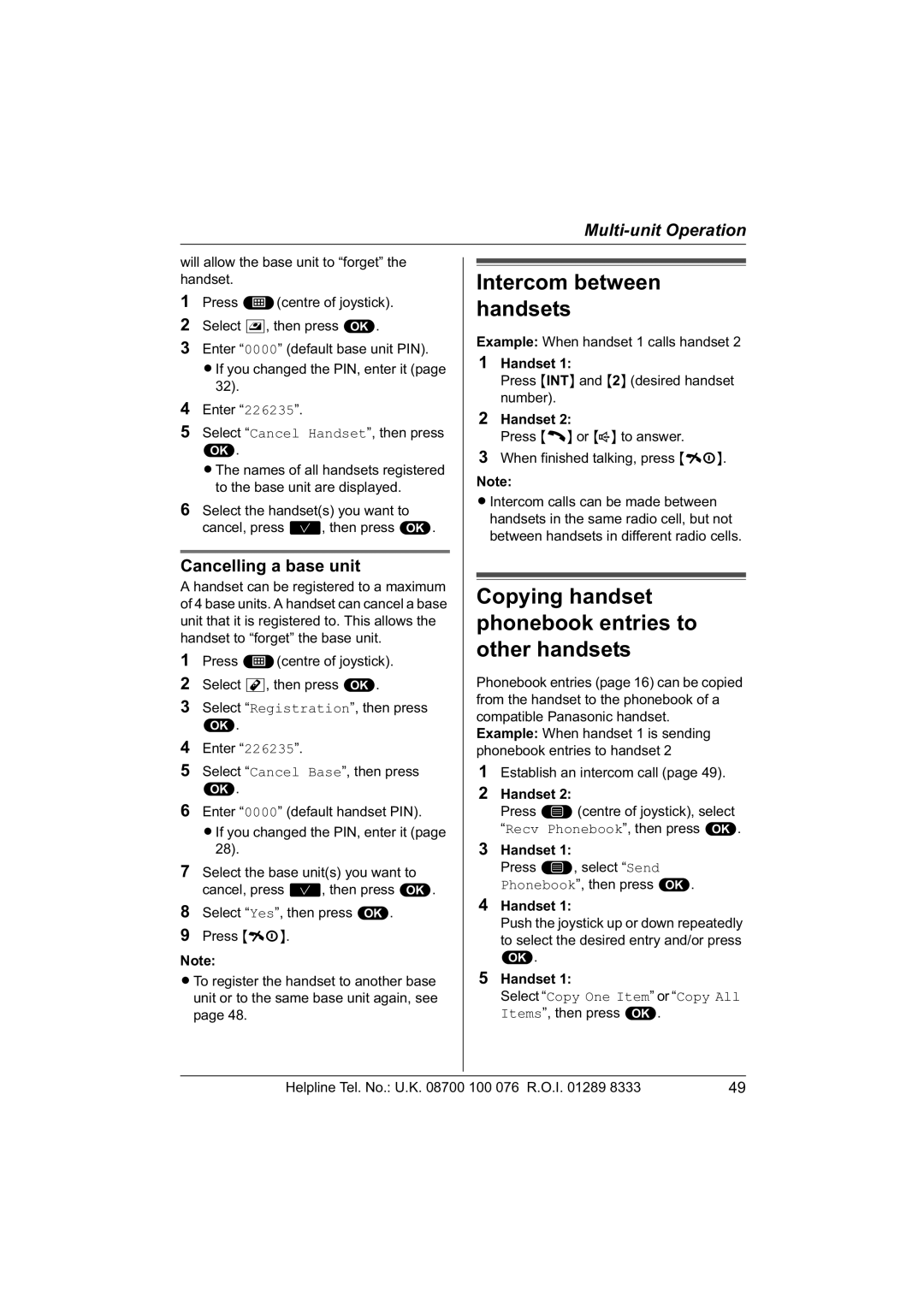 Panasonic KX-TCD560E operating instructions Copying handset phonebook entries to other handsets, Cancelling a base unit 