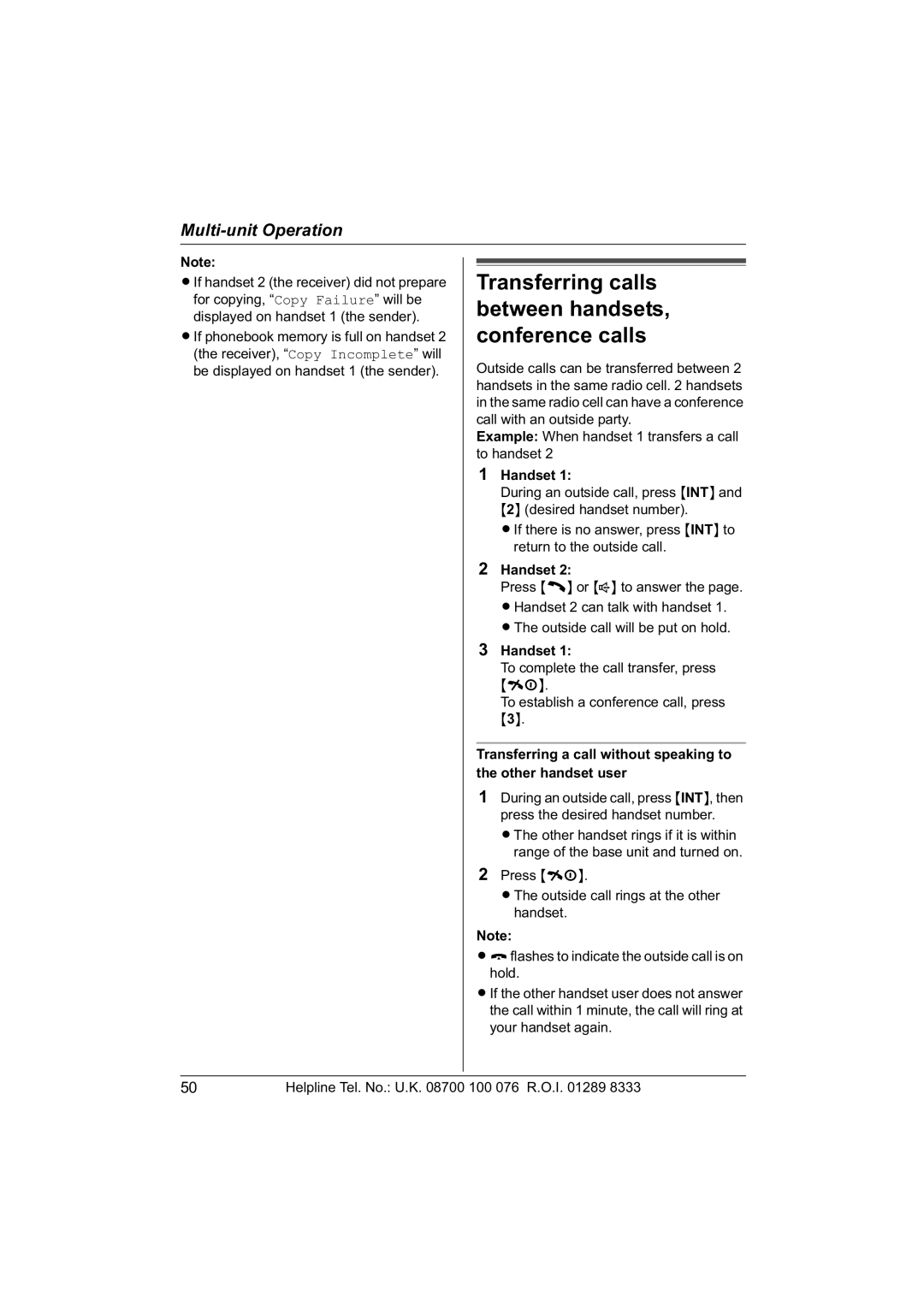 Panasonic KX-TCD560E operating instructions Transferring calls between handsets, conference calls 