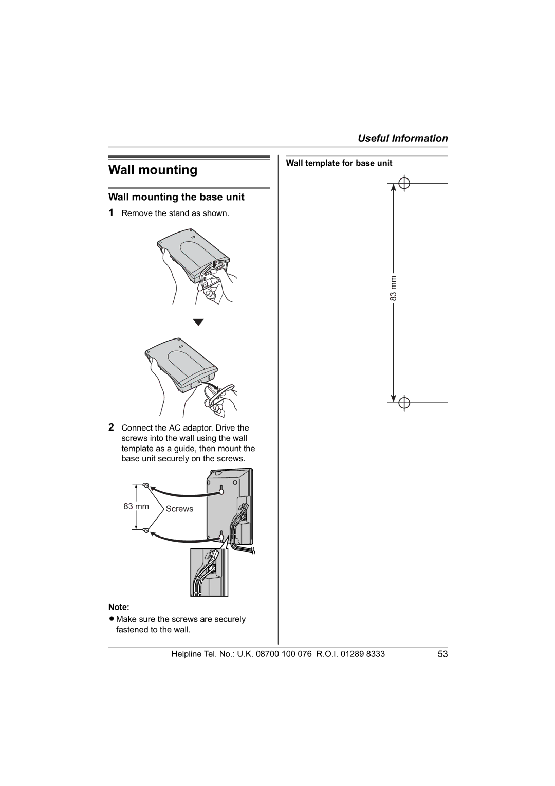 Panasonic KX-TCD560E operating instructions Wall mounting the base unit, Wall template for base unit 