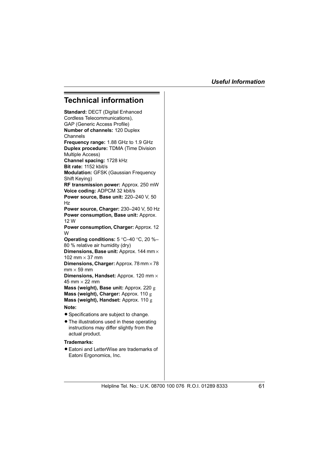 Panasonic KX-TCD560E Technical information, Number of channels 120 Duplex, Channel spacing 1728 kHz, Trademarks 