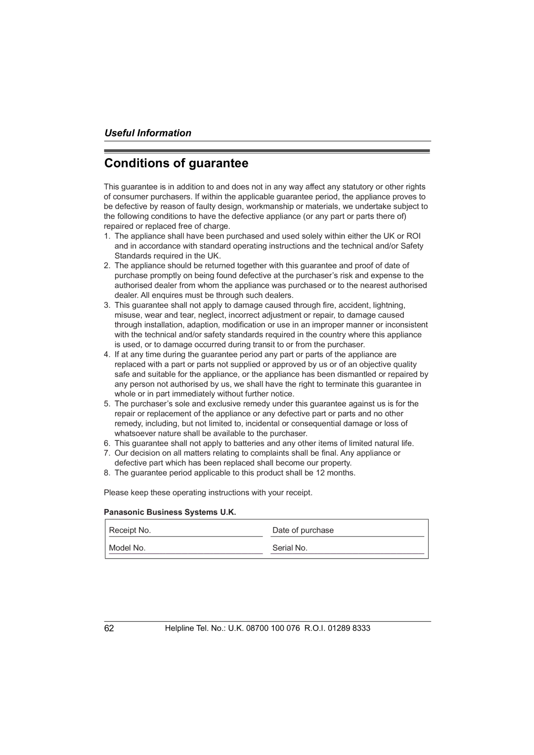 Panasonic KX-TCD560E operating instructions Conditions of guarantee 