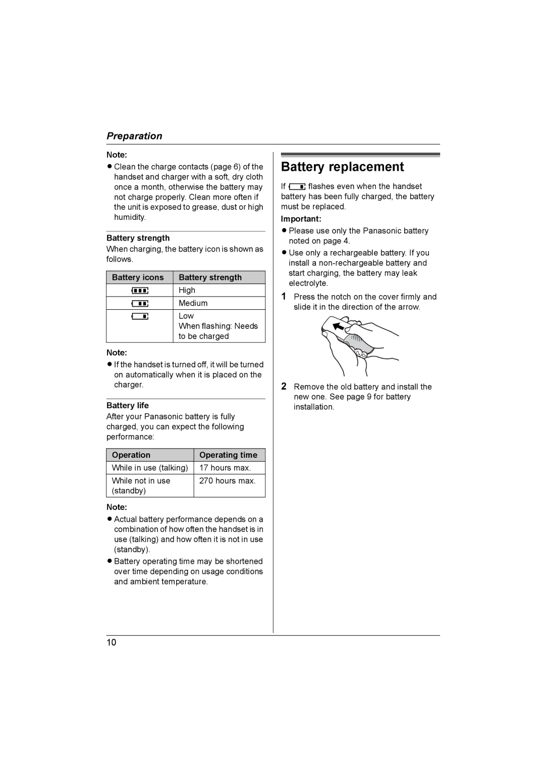 Panasonic KX-TCD560NZ Battery replacement, Battery icons Battery strength, Battery life, Operation Operating time 