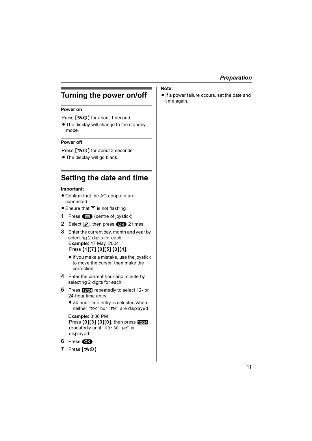 Panasonic KX-TCD580NZ Turning the power on/off, Setting the date and time, Power on, Power off, Example 330 PM 